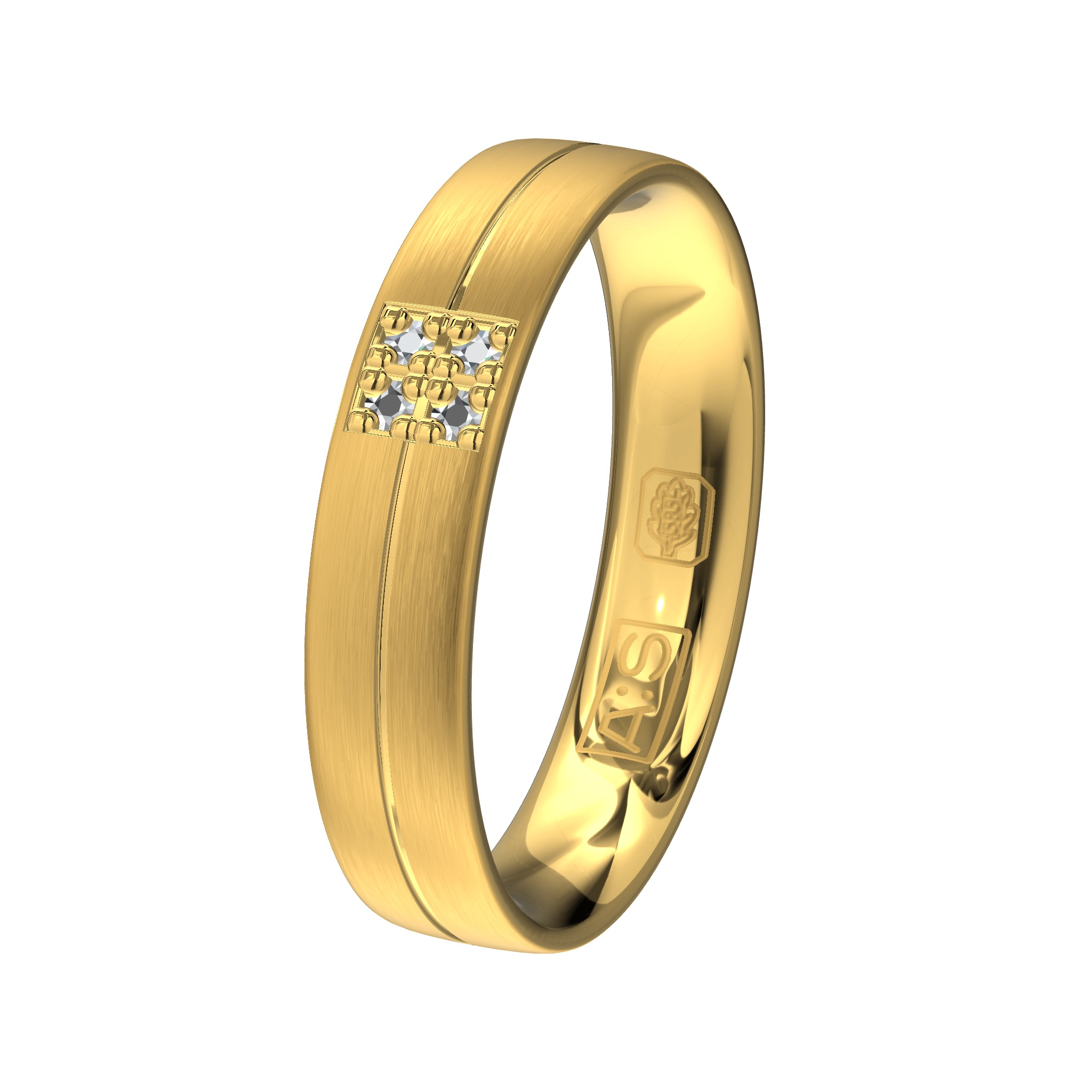 Aller Spanninga geelgouden trouwring met 4X0.010 ct briljant.
De prijzen kunnen afwijken door wisselende goudkoersen.
Maak vrijblijvend een afspraak en bespreek uw wensen.