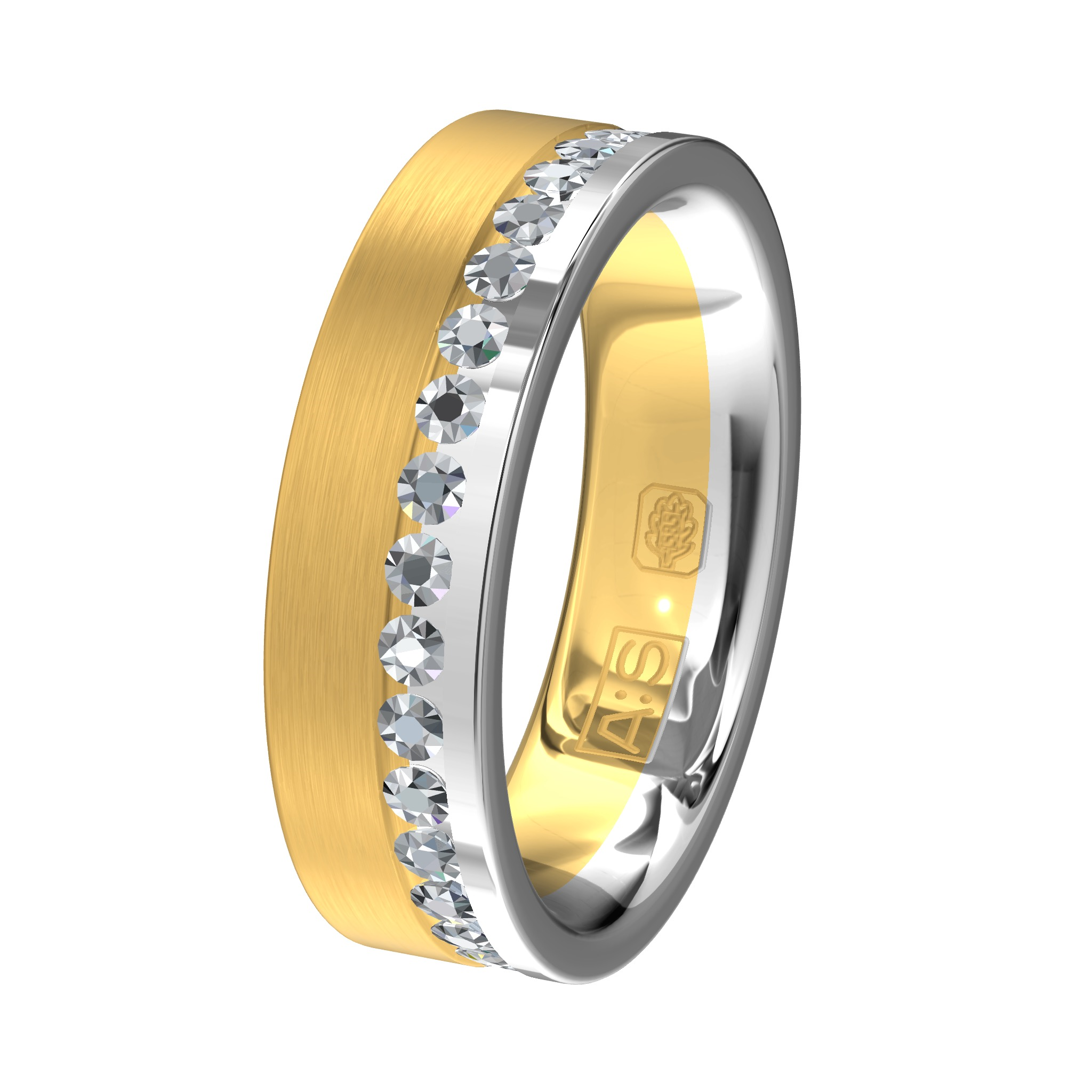 Aller Spanninga geel/witgouden trouwring met 34 X 0.020 ct briljant.
De prijzen kunnen afwijken door wisselende goudkoersen.
Maak vrijblijvend een afspraak en bespreek uw wensen.