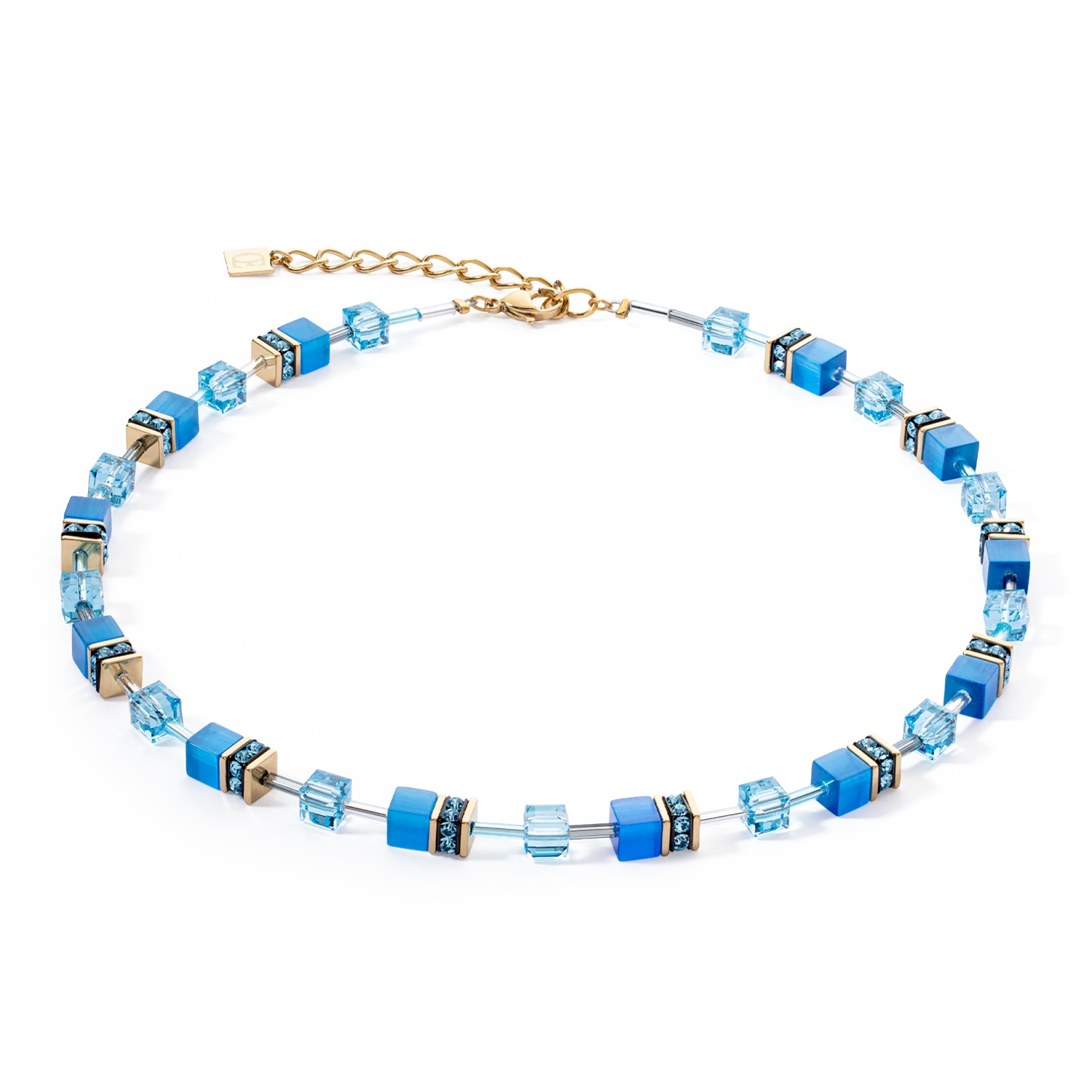 Coeur de Lion collier GeoCUBE® Iconic Mono.
Handgemaakte collier, vervaardigd met verguld staal, synthetisch tijgeroog, Swarovski kristal en strass rondellen