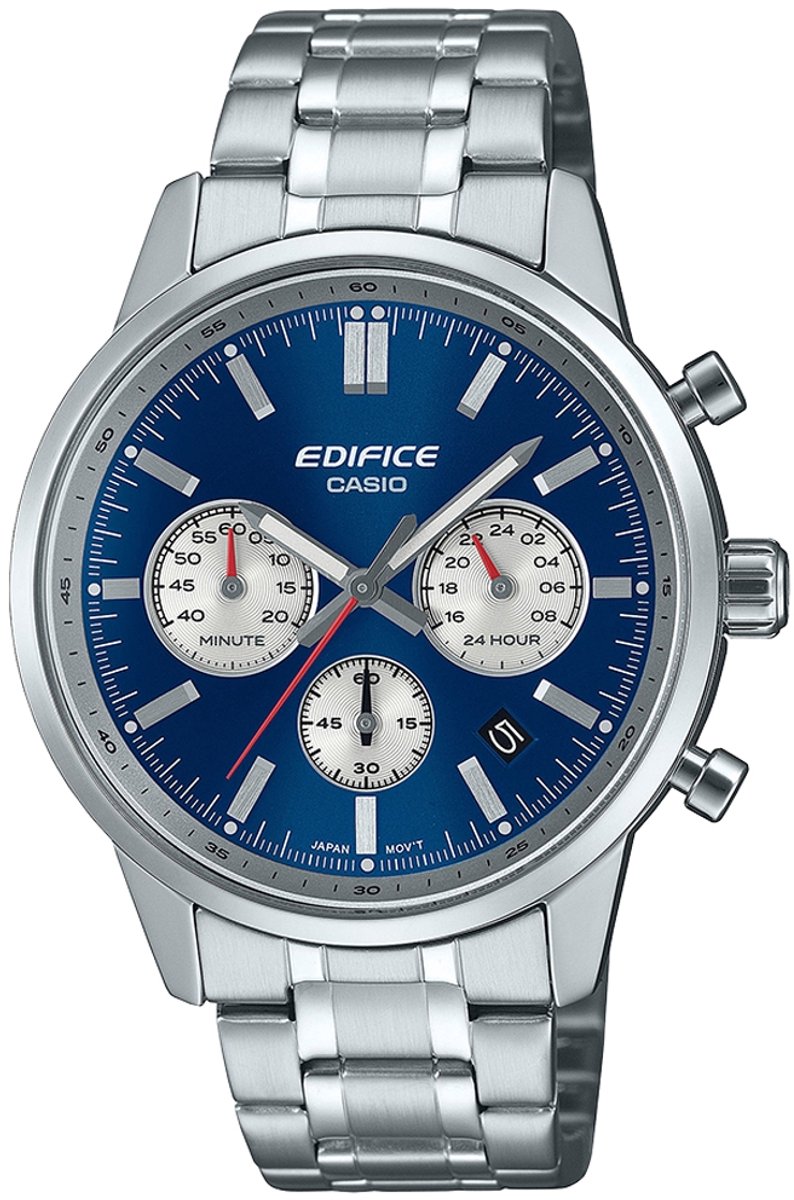 De EDIFICE chronograaf is geïnspireerd op de bolle glazen meters van de klassieke sportwagen.

De tweekleurige wijzerplaat heeft contrasterende kleuren voor de hoofd- en tussen wijzerplaten en doet denken aan het instrumentenpaneel van een klassieke sportwagen. 

Details zoals het bolle, gewelfde horlogeglas, de roestvrijstalen kast met smalle lunette en de drukknoppen ronden het ontwerp af met aloude stijl.