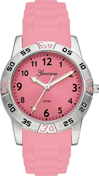 Garonne kinderhorloge met een roze band. De kastbreedte is 29 mm. De band is van soepel rubber in een vrolijke kleur.