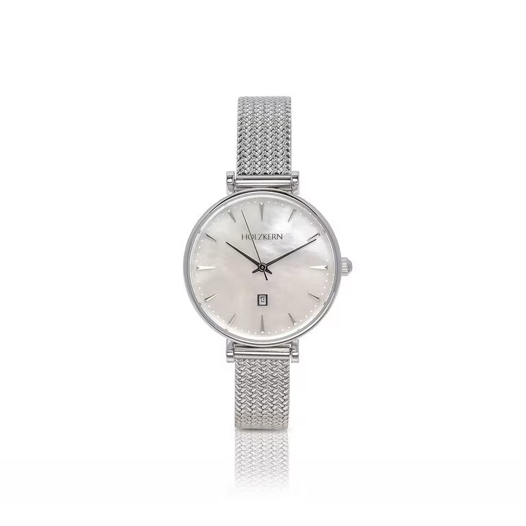 Holzkern stalen horloge met parelmoerwijzerplaat en milanaise band. 