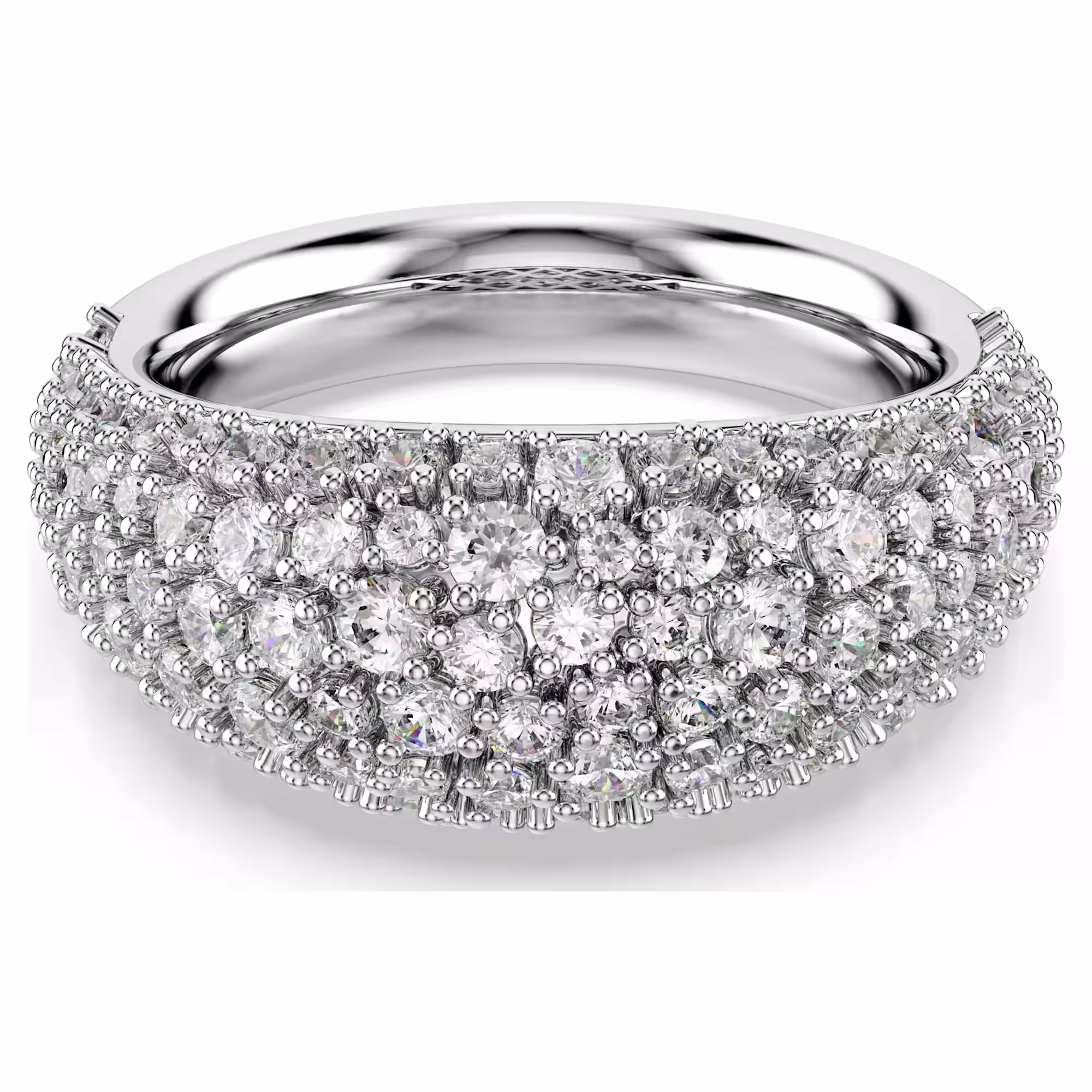 Deze koepelvormige ring met rhodium toplaag is ontworpen voor maximale impact en is prachtig versierd met heldere Swarovski Zirkonia die met de chatontechniek zijn gezet. Ideaal voor momenten waarop elegantie en verwondering gewenst zijn.