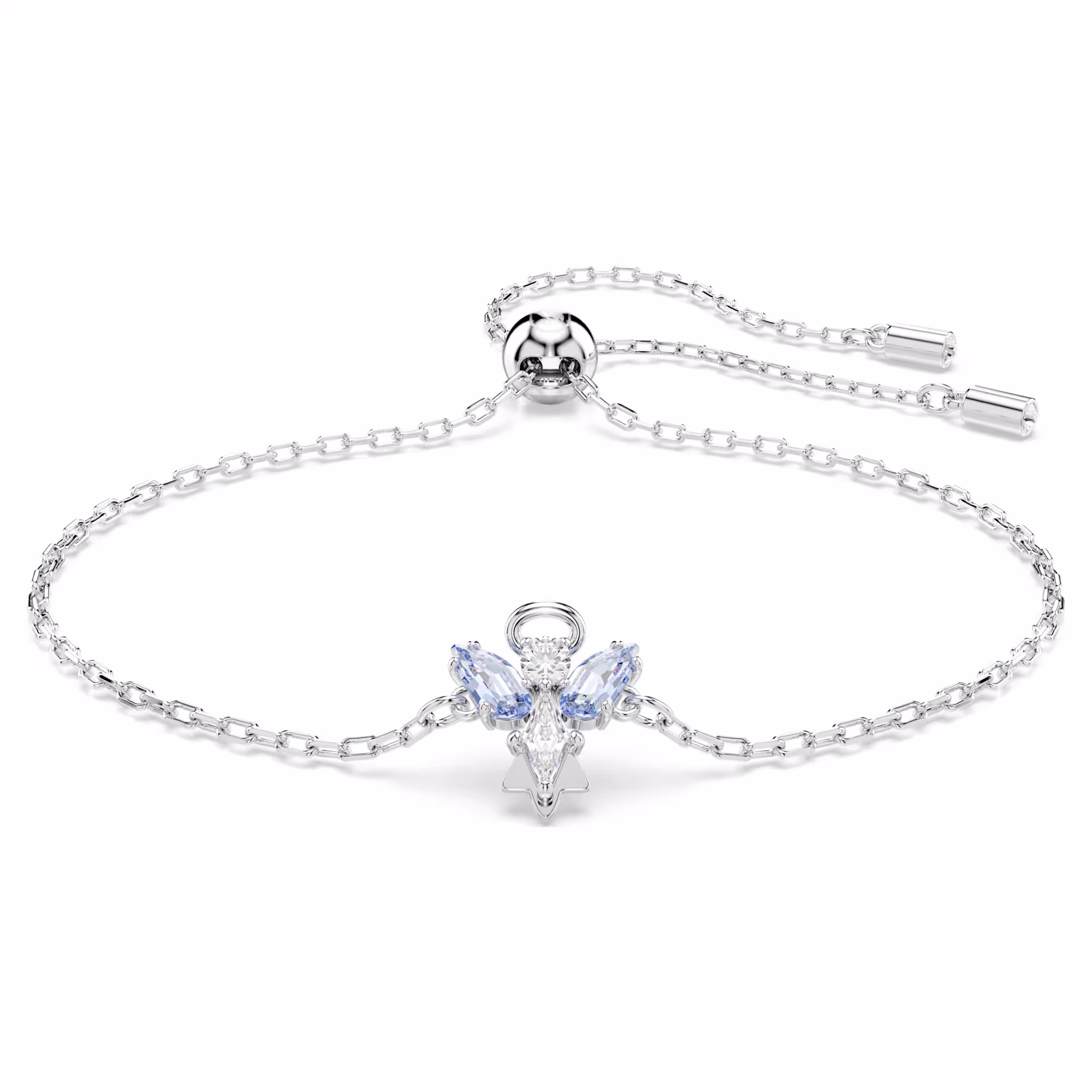 Voeg een vleugje magie toe aan uw garderobe met deze beeldschone en betekenisvolle armband. Ontworpen met een engelachtig motief, en met een betoverende mix van grijsblauwe Swarovski Zirkonia gezet op een ketting met rhodium toplaag. De verstelbare schuifsluiting zorgt voor een persoonlijke aanpassing en de perfecte pasvorm voor uw meest elegante feesten.