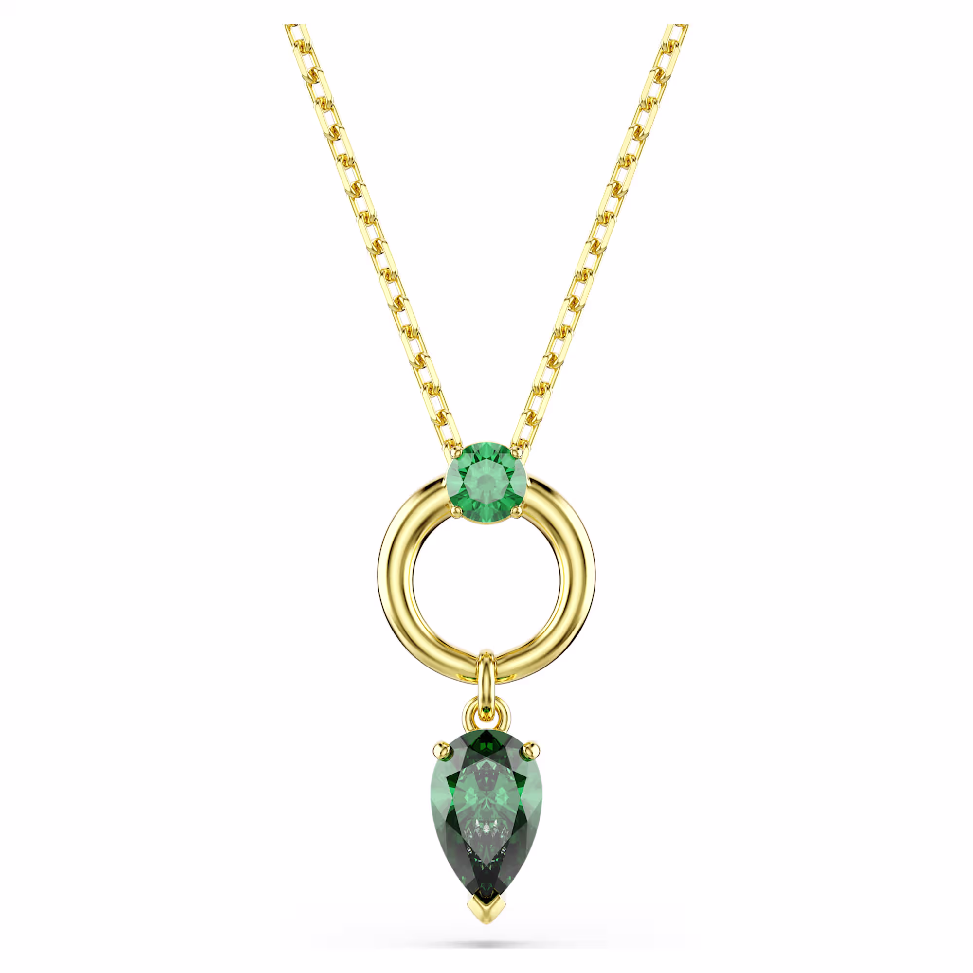 Deze Mesmera-hanger combineert kleur met verfijning en creëert zo een oogverblindend sieraad voor elke dag. Het glinsterende motief bestaat uit een groene Swarovski Zirkonia in de pear-slijpvorm die is bevestigd aan een luxueuze ring met goudkleurige toplaag. In het midden is een extra Swarovski Zirkonia in ronde slijpvorm geplaatst en dankzij een schuifmechanisme op de ketting kan de hanger gemakkelijk op de gewenste lengte worden versteld.