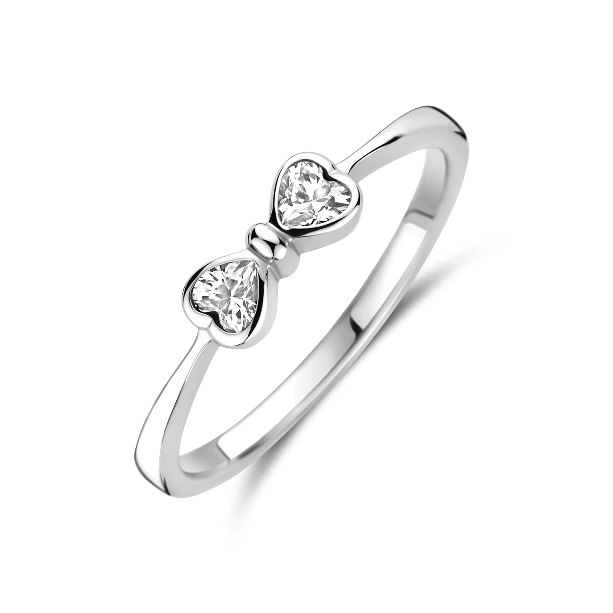 Gerhodineerd 925 zilveren ring uitgevoerd in de vorm van een strik met zirkonia. De ring heeft een breedte van 4mm.
