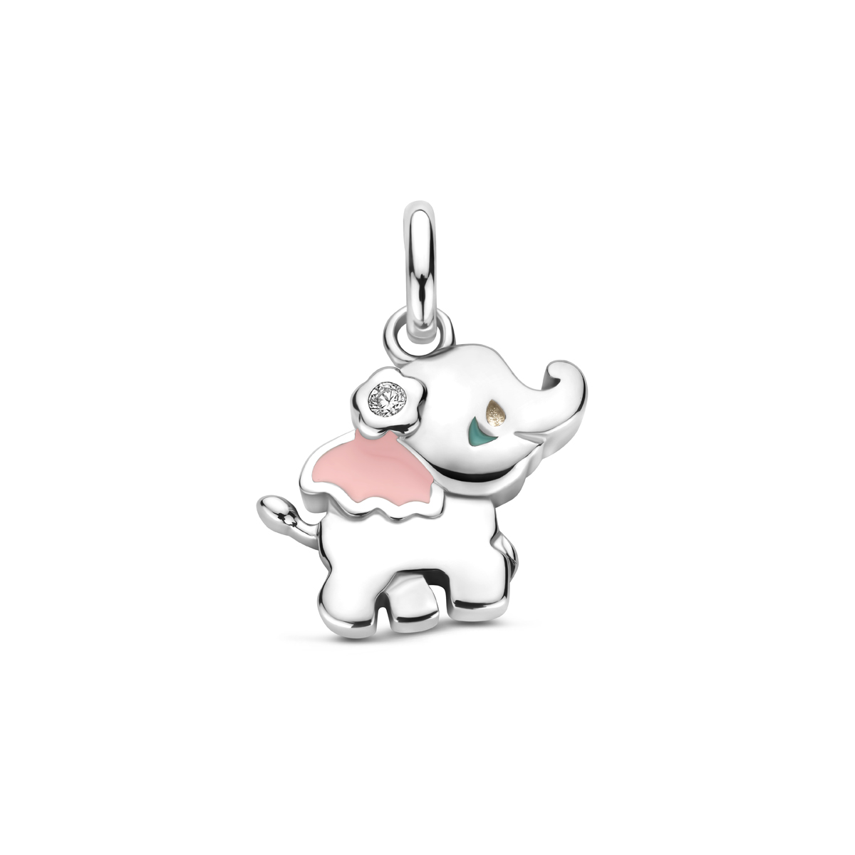 Gerhodineerd 925 zilveren hanger uitgevoerd in de vorm van een olifantje met zirkonia. De hanger heeft een totale hoogte van 17mm.