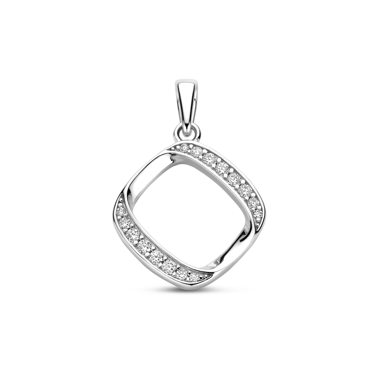 Gerhodineerd 925 zilveren hanger uitgevoerd met zirkonia. De hanger heeft een totale hoogte van 23mm en een afmeting van 18x16mm.