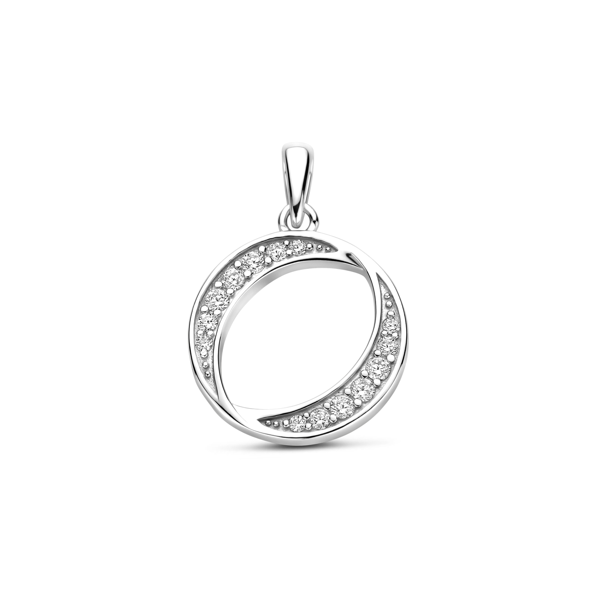 Gerhodineerd 925 zilveren hanger uitgevoerd met zirkonia. De hanger heeft een totale hoogte van 23mm en een diameter van 16mm.