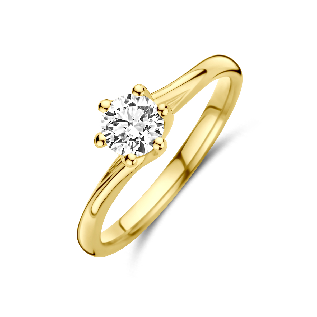 14k Geelgouden ring uitgevoerd met lab grown diamant. De ring heeft een breedte van 6,5mm. Het diamantgewicht is 0.50ct. Lab grown diamanten zijn diamanten die ontstaan in een laboratorium. Onder extreem hoge druk en temperatuur wordt het natuurlijk ontstaansproces nagebootst met als eindresultaat een diamant met dezelfde chemische eigenschappen maar met een andere oorsprong.