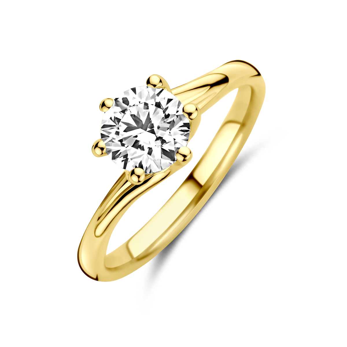 14k Geelgouden ring uitgevoerd met lab grown diamant. De ring heeft een breedte van 8mm. Het diamantgewicht is 1.00ct. Lab grown diamanten zijn diamanten die ontstaan in een laboratorium. Onder extreem hoge druk en temperatuur wordt het natuurlijk ontstaansproces nagebootst met als eindresultaat een diamant met dezelfde chemische eigenschappen maar met een andere oorsprong.