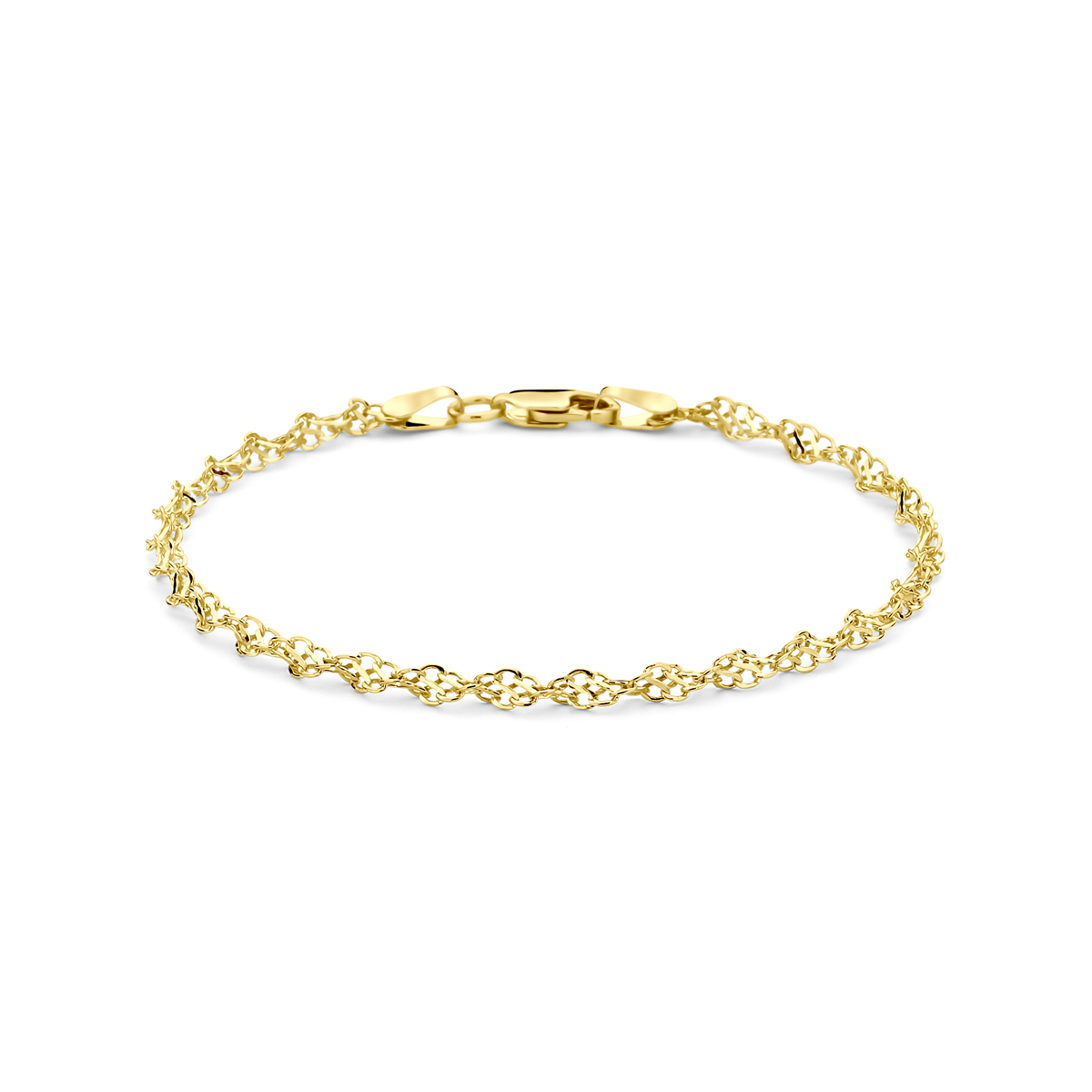 14k Geelgouden armband met een kern van 925 zilver. De armband heeft een breedte van 3,2mm en een lengte van 18,5 cm. Uitgevoerd met karabijnsluiting.