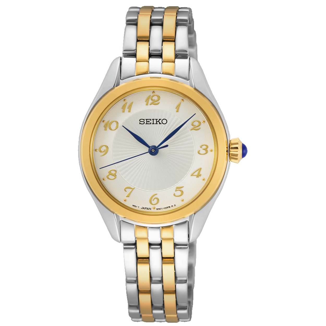 Dit is een dameshorloge van het merk Seiko. Het is een analoog horloge gemaakt van staal. De diameter van de kast is 29 mm en de kast is 7 mm dik.
De verdere specificaties van het horloge zijn als volgt:
Kastvorm: rond
Kastkleur: tweekleurig
Kastmateriaal: staal
Bandbreedte: 12 mm
Bandlengte: 209 mm
Sluiting: vouwsluiting met drukker
Wijzerplaatkleur: wit
Glassoort: hardlex mineraal glas
Waterdichtheid: 5 ATM
Techniek: quartz