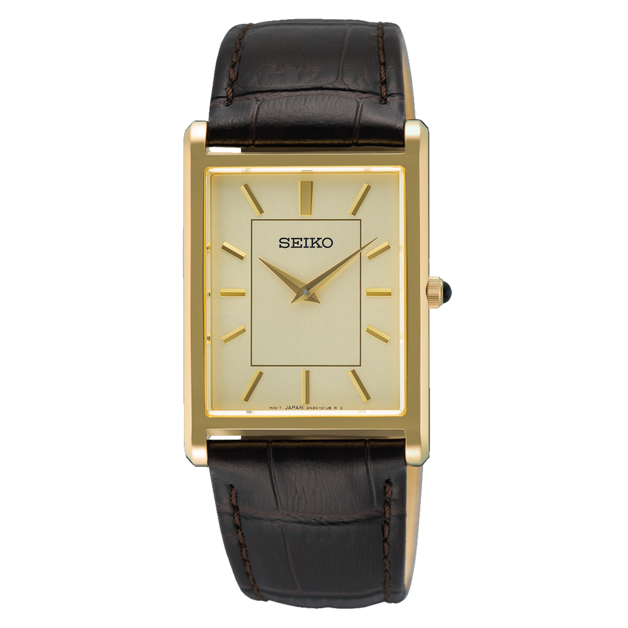 Het SEIKO HERENHORLOGE SWR106P1 is een stijlvol herenhorloge met een analoge weergave. Het heeft een roestvrijstalen kast, goudkleurig, met een crèmekleurige wijzerplaat. Het saffierglas beschermt tegen krassen. De leren bruine band is 18 mm breed. Waterbestendig tot 5 bar, ideaal voor dagelijks gebruik. Perfect te dragen bij zowel formele als casual gelegenheden. Gewicht: 36g, grootte: 27,2mm.