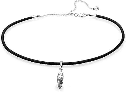 Feather pendant chocker met zwart leer en zirconia
