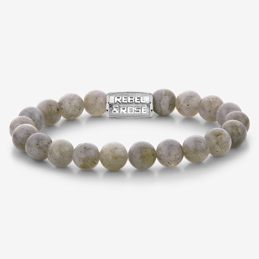Armband van het merk Rebel & Rose. De armband heeft een hoogwaardige elastische stretch koord, met 8mm van Labradoriet.