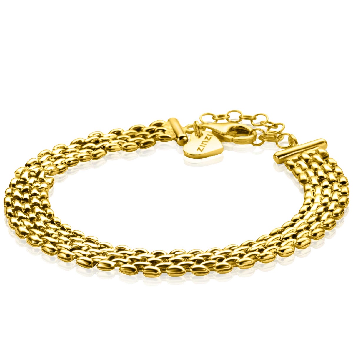 ZINZI gold plated zilveren armband met brede rolex-style schakels van 8mm breed. De lengte van de armband is te vari&euml;ren tussen 16,5 en 20cm door het handige verlengkettinkje. Bij sluiting herkenbaar ZINZI, door het zilveren Zinzi hartje. Vervaardigd van eerste gehalte zilver (925) en voorzien van een extra 14K geel vergulding.