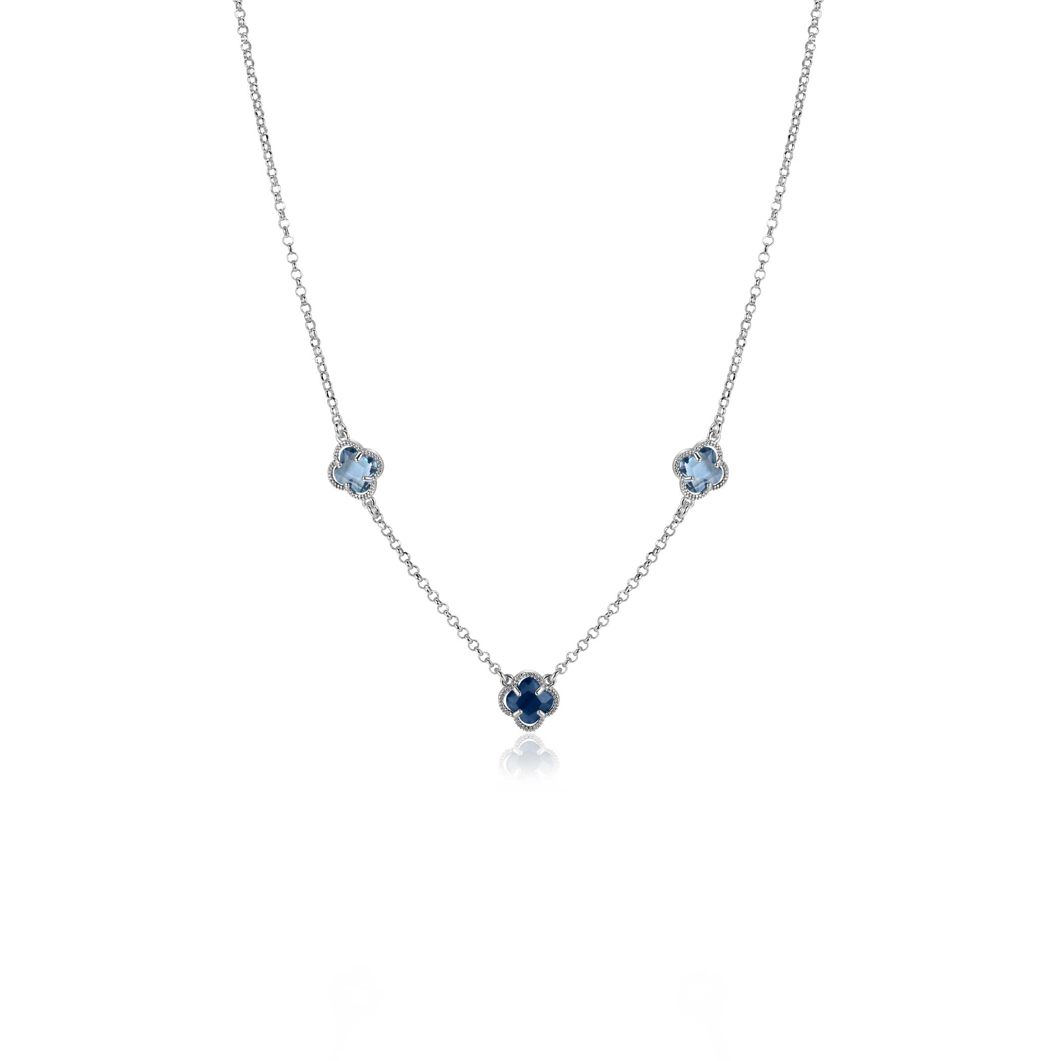 ZINZI zilveren schakelketting met twee lichtblauwe klavers en een donkerblauwe klaver 42-45cm ZIC2663B