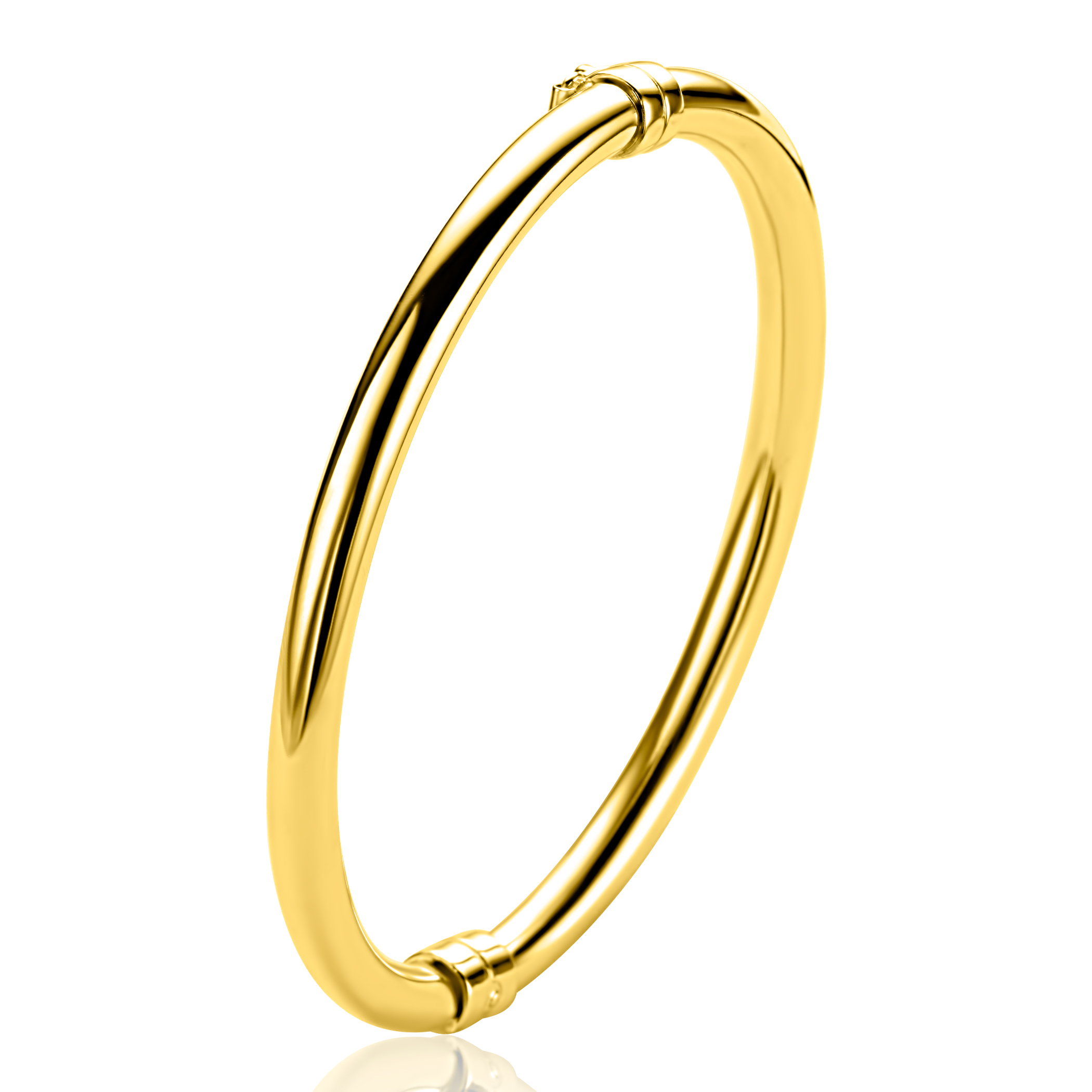 ZINZI gold plated zilveren bangle armband met een solide, ronde buis (5mm breed) en een exclusieve scharniersluiting voor eenvoudig om- en afdoen. Vervaardigd van eerste gehalte zilver (925) en extra geel verguld.