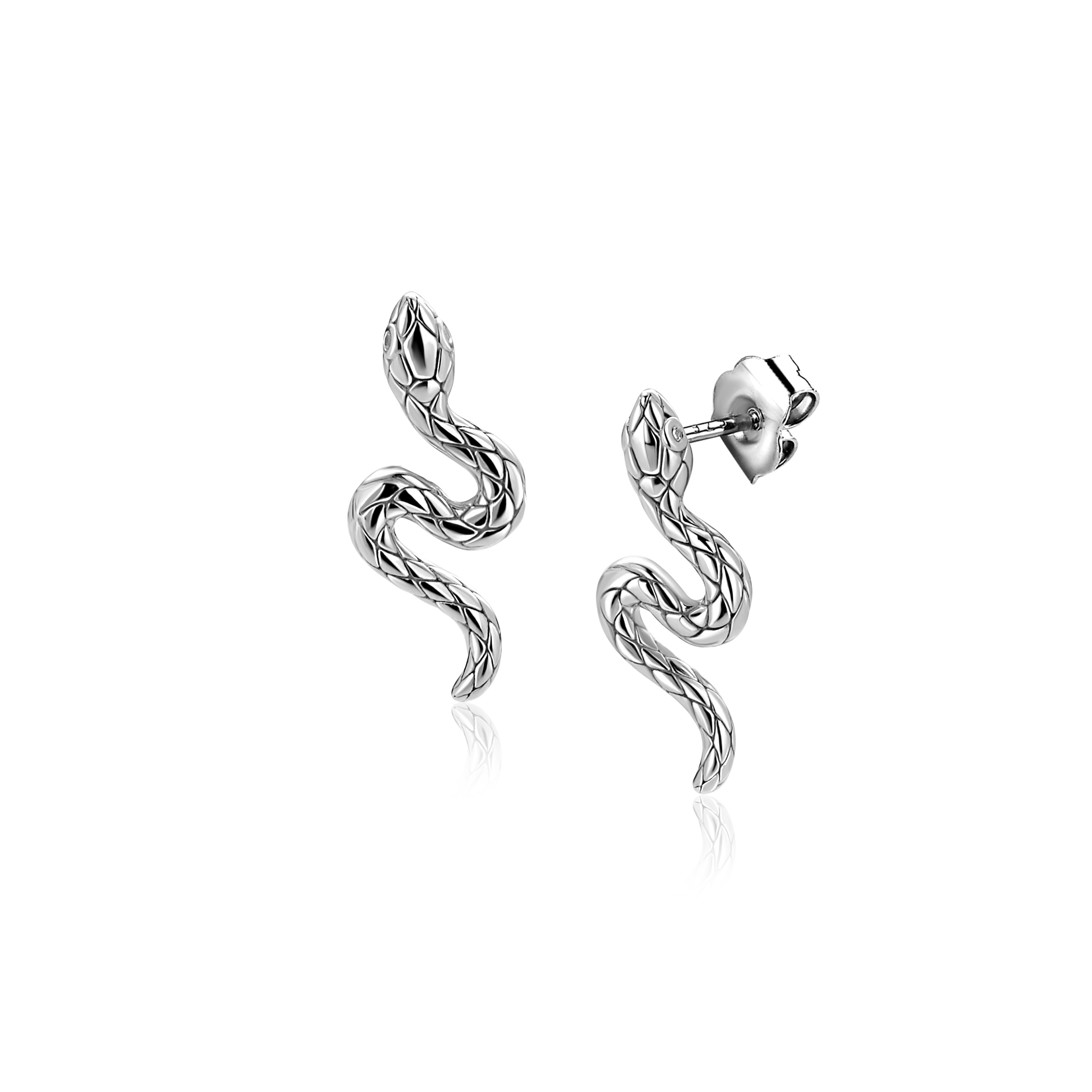 ZINZI zilveren oorstekers in sierlijke slangvorm met zirkonia-ogen (18 mm). 2025 is het jaar van de slang. Vervaardigd van eerste gehalte zilver (925) en extra gerodineerd.
