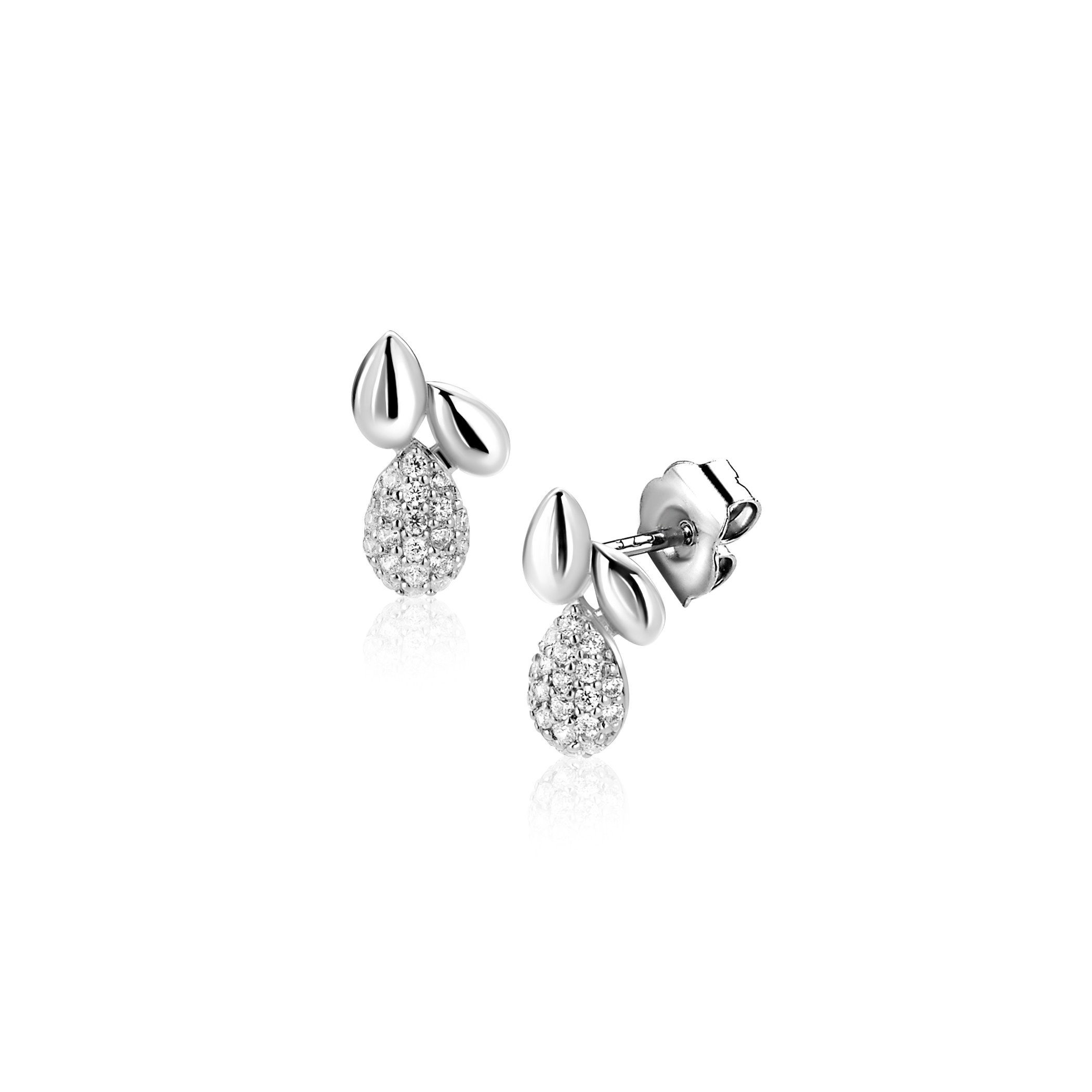 ZINZI zilveren oorstekers met drie druppelvormen waarbij de onderste druppel is bezet met witte zirkonia's (12 mm). Vervaardigd van eerste gehalte zilver (925) en voorzien van een extra rodiumlaag.