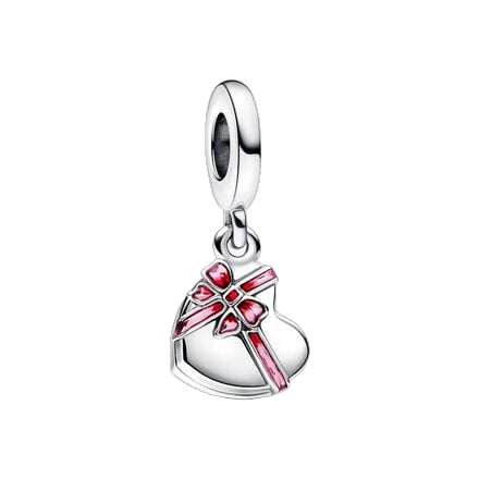 Vier de schattigste dingen in het leven met de te openen hartvormige bonbondoos hangende bedel. Deze sterlingzilver hangende bedel is uitgevoerd in de vorm van een hartvormig doosje met chocolaatjes dat geopend kan worden en is afgewerkt met een strik van felroze geëmailleerd emaille. Open de doos en je ziet een selectie heerlijke chocolaatjes met rood en paars emaille. Op de achterkant van de doos staat de gravure, 'All you need is love and chocolate'. Een schattige verwennerij voor je geliefde.