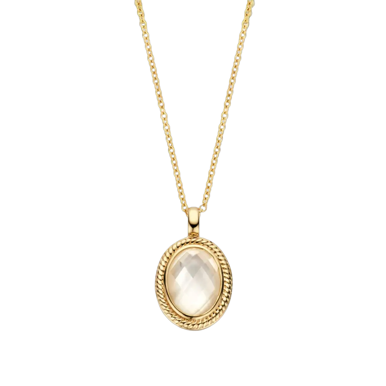 Dit collier combineert een 14k geelgouden schakelketting met een hanger van parelmoer en bergkristal. De elegante hanger met koordmotief is 11 bij 9 mm. Stijlvol op zichzelf of in combinatie met andere sieraden uit onze collectie.