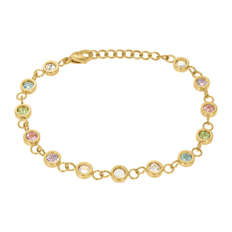 De iXXXi armband 'Viva' is gemaakt van stainless steel. De armband bestaat uit ronde cupjes die met ringetjes aan elkaar zijn bevestigd. De cupjes zijn gevuld met sprankelende multikleurige zirconia’s, wat de armband een speelse en kleurrijke uitstraling geeft.