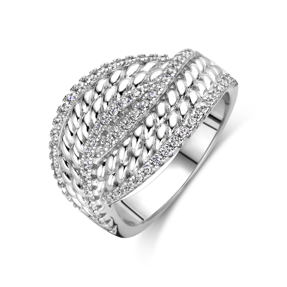 Gerhodineerd 925 zilveren ring uitgevoerd met zirkonia. De ring heeft een breedte van 15mm.