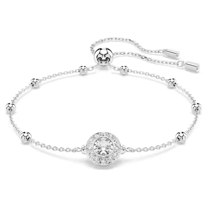 Deze innovatieve armband kan op twee unieke manieren worden gedragen. De ketting met rhodium toplaag is voorzien van een schuifmechanisme voor een gemakkelijk verstelbare pasvorm en is versierd met metalen balletjes en een glinsterend dubbelzijdig motief. Keer de armband eenvoudig om voor een andere weergave van kristallen in Round-slijpvorm. Combineer de armband met andere Una Angelic-stukken voor een ultiem stralende look.