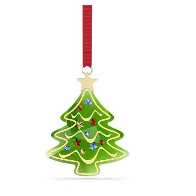 Dit ornament is een van de iconische symbolen van de feestdagen en is vervaardigd in de vorm van een stralende kerstboom. Het glinsterende groene ontwerp, opgehangen aan een rood ripsband lint, is vervaardigd met 254 facetten en is voorzien van een goudkleurige opdruk en decoraties in rood, blauw en Golden Shadow-effect. Bovenaan is de heldere ster gemaakt van champagnegoudkleurig metaal. Hang deze decoratie op een prominente plek op en laat hem schitteren tijdens al uw feestelijkheden. Decoratieobject. Geen speelgoed. Niet geschikt voor kinderen jonger dan 15 jaar.