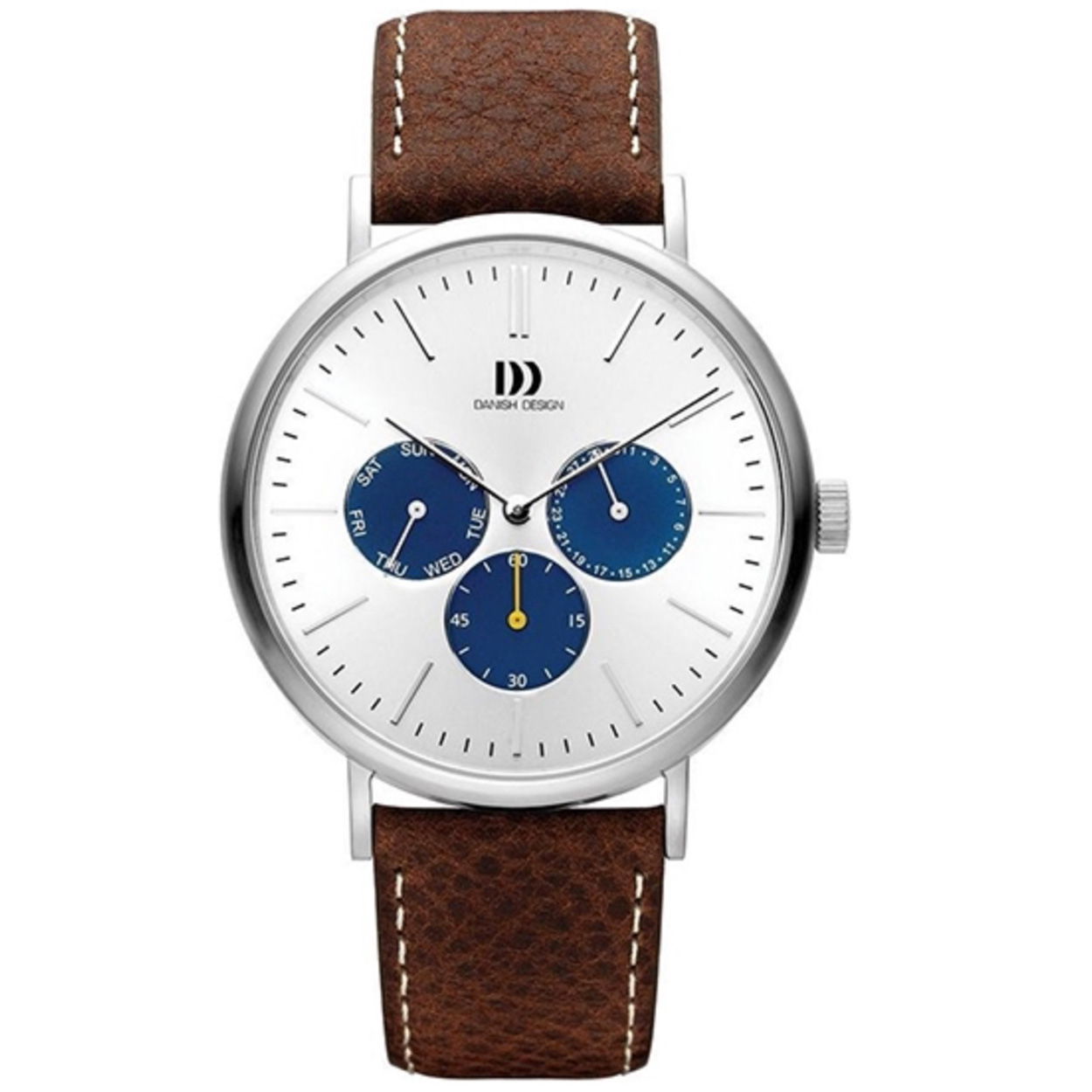 De Danish Design is een trendy Herenhorloge met een Analoog uurwerk. De kast is gemaakt van RVS en heeft een diameter van 41mm. De kleur van de horlogekast is Zilver en heeft een Blauw,Zilver wijzerplaat kleur. De horlogeband heeft de kleur Bruin en is gemaakt van Leer. Daarnaast is de glasplaat van Mineraalglas.