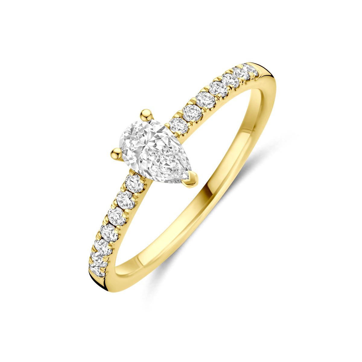 14k Geelgouden ring uitgevoerd met lab grown diamant. De steen heeft een afmeting van 6,5x4,5mm. Het totale diamantgewicht is 0.58ct. Lab grown diamanten zijn diamanten die ontstaan in een laboratorium. Onder extreem hoge druk en temperatuur wordt het natuurlijk ontstaansproces nagebootst met als eindresultaat een diamant met dezelfde chemische eigenschappen maar met een andere oorsprong.