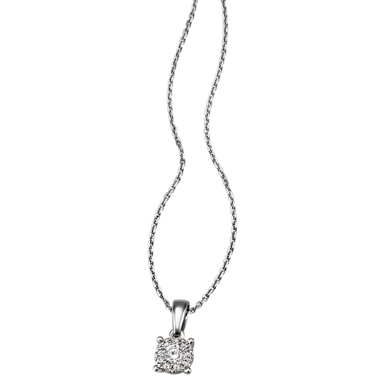 Diese 585/- weiße Goldkette mit einem Brillantanhänger vereint Eleganz und Raffinesse und ist ein echter Hingucker. Der Anhänger hat 10 natürliche Diamanten die zusammen aussehen wie ein halbkarätiger Brillant Ideal für besondere Anlässe oder um Ihrem Alltagslook eine luxuriöse Note zu verleihen. Tragen Sie diese Kette als Einzelstück oder kombinieren Sie sie mit weiteren Schmuckstücken für einen stilvollen Auftritt.