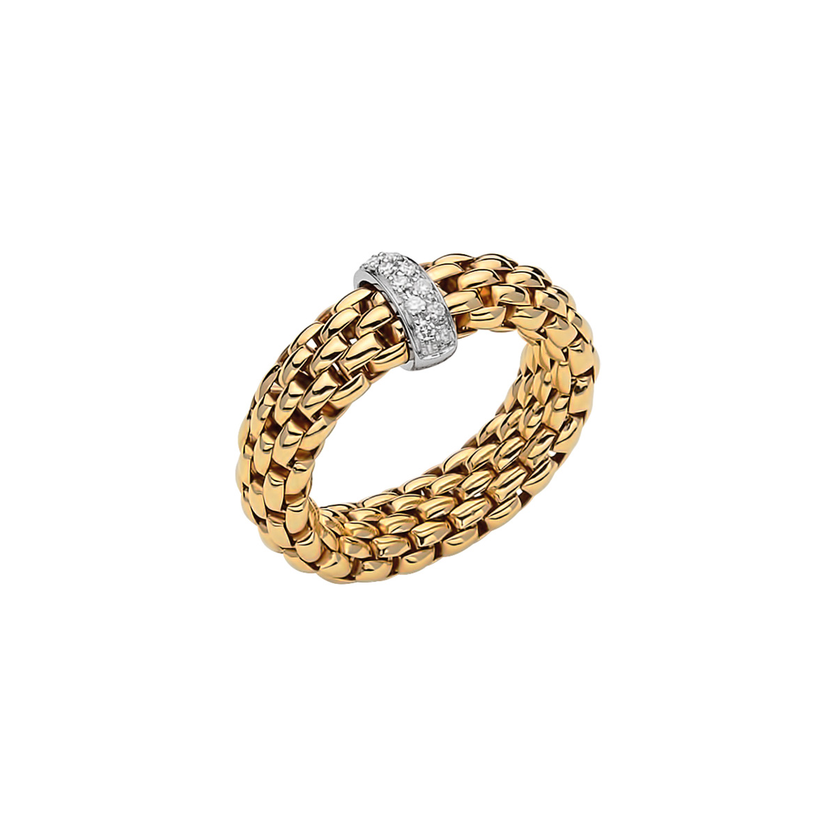 De Fope Vendôme Flex-it ring in geelgoud met diamant, modelnummer 55902AX_BB_G_XBX_00M, is een verfijnd juweel gemaakt van 18-karaats goud. Deze ring heeft een totaal karaatgewicht van 0,10. Perfect te dragen als elegant statementstuk bij zowel formele als informele gelegenheden. Combineer met andere gouden sieraden voor een complete look. Deze ring heeft de elastische maat M ( 14-17 )