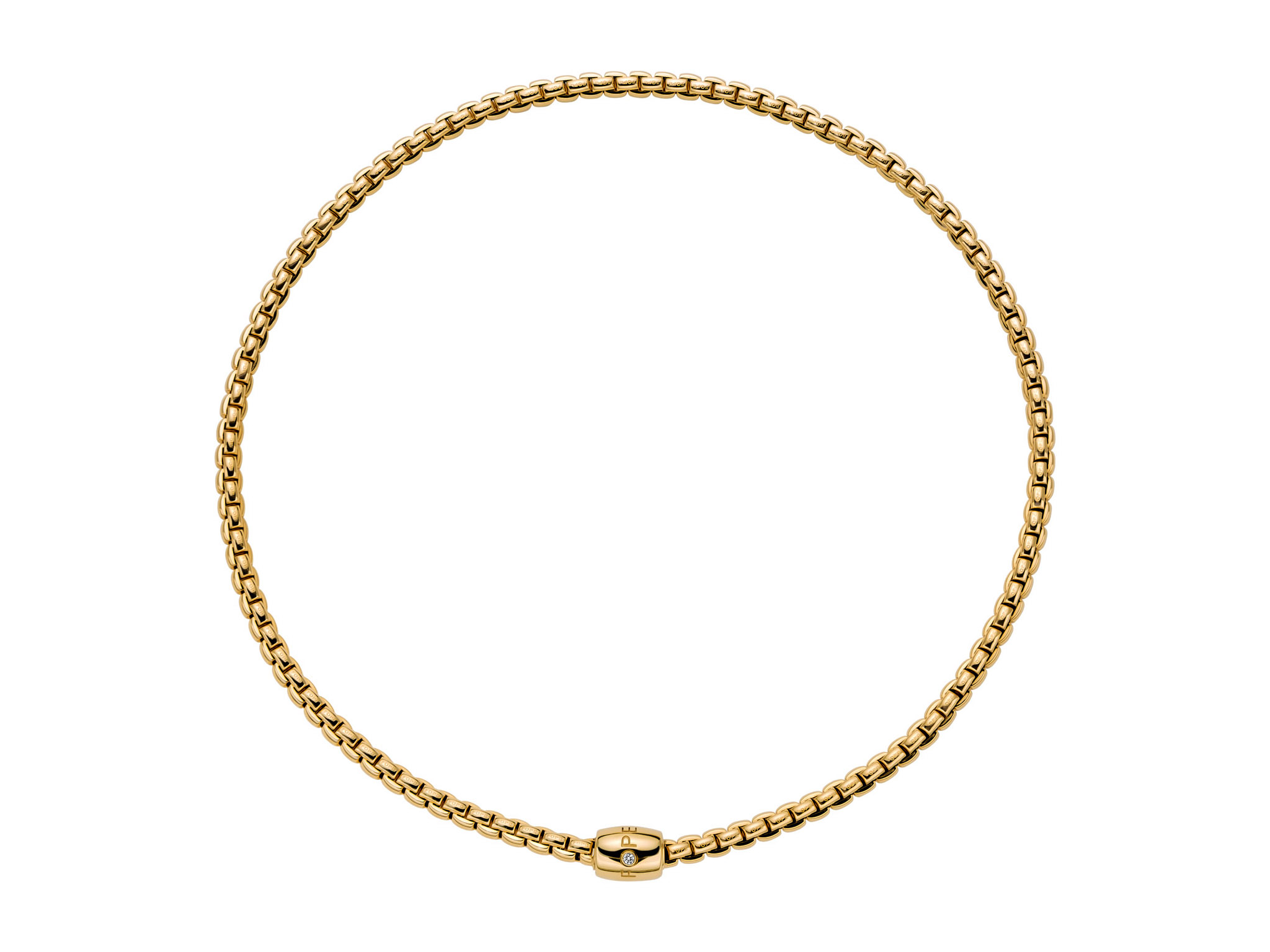 De Fope Eka Flex'it collier in geelgoud met diamant, modelnummer 07F01CX_BB_G_XGX_043, is een sierlijke ketting van 18 karaat goud met een diamant van 0,01 karaat. Draag deze verfijnde ketting solo voor een subtiele uitstraling of combineer met andere gouden sieraden voor een elegante gelaagde look. Perfect voor zowel dagelijks gebruik als speciale gelegenheden.