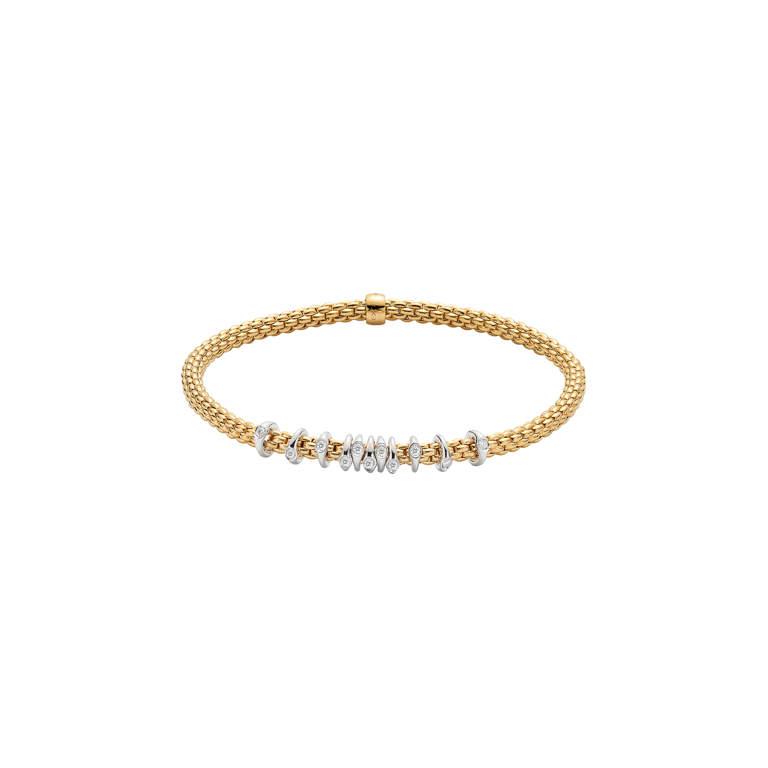 De Fope Prima Flex-it armband in geelgoud met diamant, modelnummer 74708BX_BB_G_XBX_00M, biedt luxe en verfijning. Gemaakt van 18-karaats geelgoud, straalt deze stijlvolle armband elegantie uit. De ingebedde diamant van 0,15 karaat voegt een schitterend detail toe. Draag deze armband solo voor een subtiele statement look of combineer met andere sieraden voor een chiquere uitstraling.