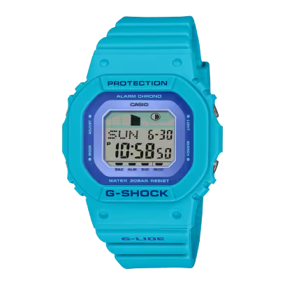  Casio G-Shock horloge; blauwe band en kast, donkerblauwe accenten; stopwatch/timer/alarm. 200m wd.