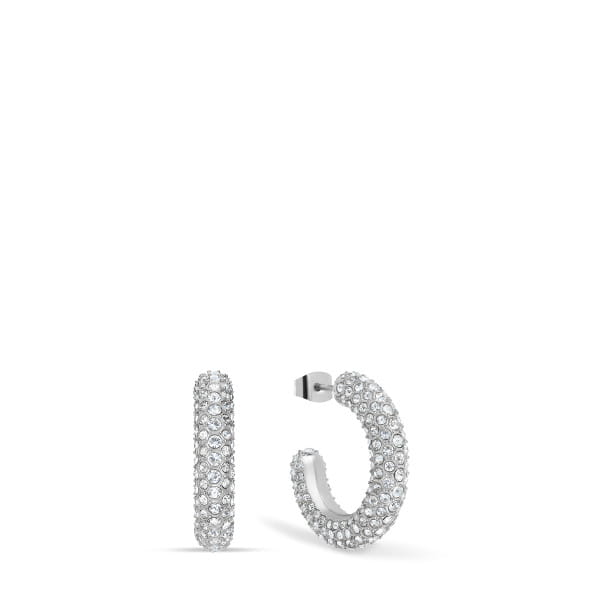  Deze zilverkleurige hoepeloorbellen zijn gericht op maximale uitstraling - in een ontwerp dat klassieke ronde vormen combineert met fonkelende pav&eacute; versieringen. De gehele buitenkant is dicht bezet met witte kristallen glasstenen, die levendige lichtreflecties cre&euml;ren en de oorbellen hun luxueuze karakter geven.  Met een diameter van 25 mm maken ze een statement zonder opdringerig te zijn - precies het juiste formaat voor elegante alledaagse looks of als blikvanger 's avonds. De glanzende afwerking van het roestvrij staal benadrukt de hoogwaardige uitstraling en zorgt voor een modern, helder totaalbeeld.  Een sieraad voor iedereen die op zoek is naar klassieke glamour met een frisse twist. 