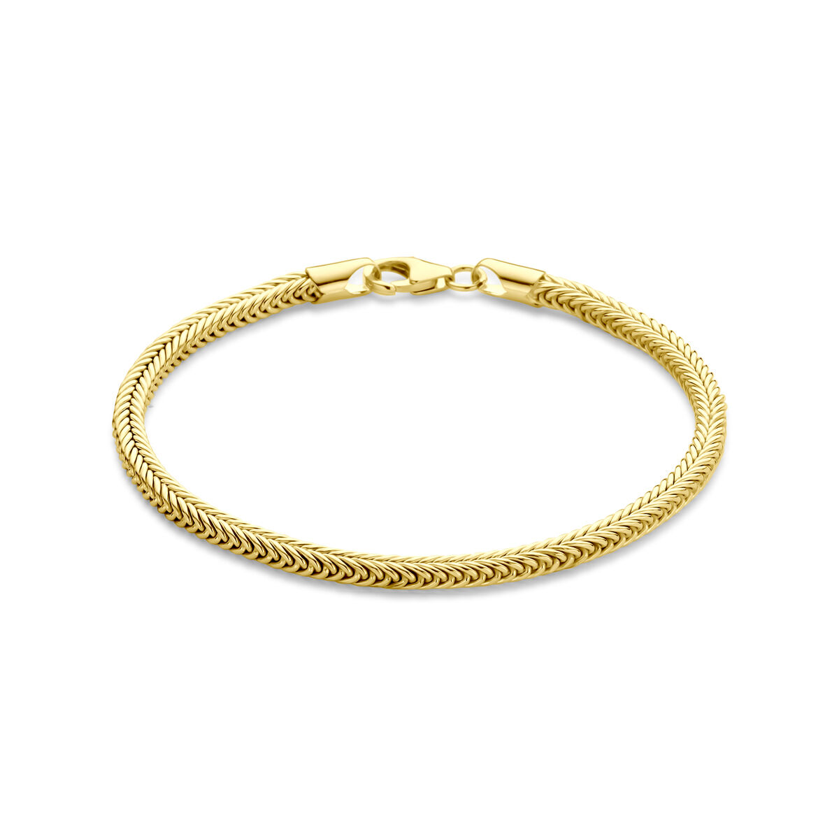 14k Geelgouden armband met een kern van 925 zilver. De armband heeft een draaglengte van 19cm en een schakelbreedte van 3.5mm. Uitgevoerd met karabijnsluiting.
Vossenstaart schakel