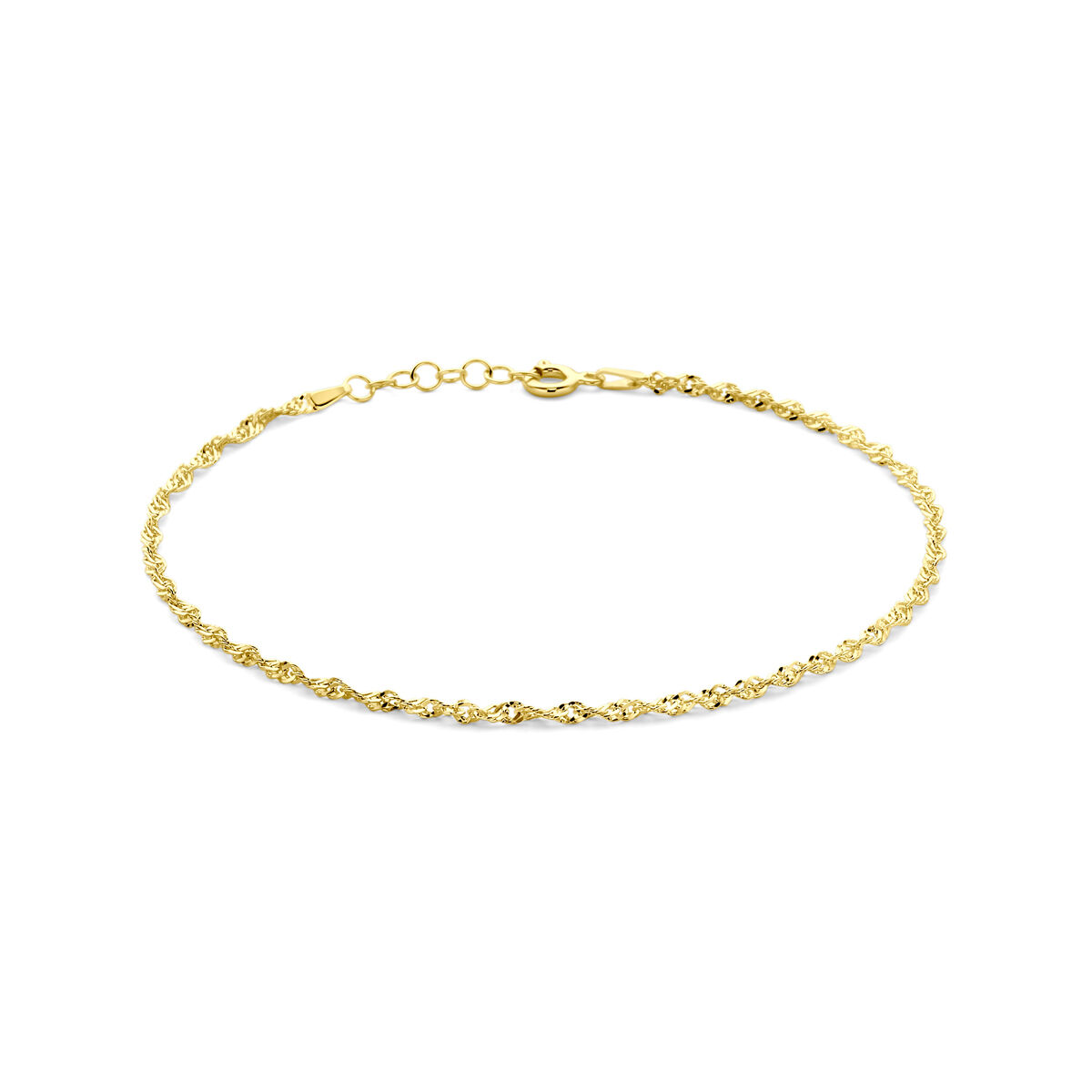 Verguld op 925 zilveren enkelbandje met een draaglengte van 24cm en een extensie van 2cm. De schakelbreedte is 2,3mm. Geen garantie op de plating.