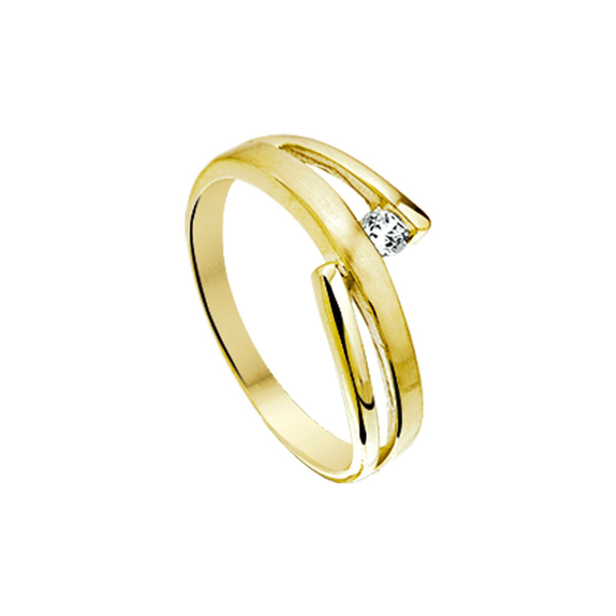 De 14 Karaats Dames Ring met Zirkonia, uit de Van Zaanen Goud Collectie, heeft een elegante mix van gepolijst en mat afgewerkt goud. Deze ring is versierd met sprankelende zirkonia stenen. Voor een stijlvolle look, draag deze ring als een statement piece op de middelvinger of combineer met delicate ringen voor een gelaagde look.