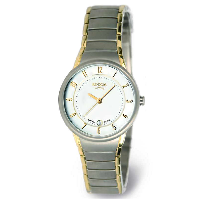 Boccia Titanium 3158-02
Dit dameshorloge van Boccia Titanium heeft een nette uitstraling. De zilverkleurige horlogekast zorgt voor een stijlvolle look en de witte wijzerplaat maakt het horloge net wat sierlijker. Het horloge heeft een kastdiameter van 29mm, een datumaanduiding, een saffierglas en is 5ATM. Combineer dit prachtige exemplaar met de andere sieraden van Boccia Titanium voor een complete look. Aan de ronde kast zit een bi-color titanium schakel band.

HET MERK
Boccia Titanium is het titanium merk van Nederland, dat zijn oorsprong in Duitsland vindt en is opgericht in het jaar 1992. Ontwikkeld door internationale ontwerpers. Alle titanium componenten van de BOCCIA TITANIUM collectie zijn gemaakt van 99,7% puur titanium; het bijzondere materiaal. Het is licht in gewicht, neemt de temperatuur van de huid aan en is zeer huidvriendelijk. Bovendien is het corrosie- en temperatuurbestendig.

SPECIFICATIES
- Saffier glas
- Ronde titanium horlogekast, Ø 29mm
- Titanium band
- Witte wijzerplaat
- 5ATM (Regen- & spatwaterdicht)