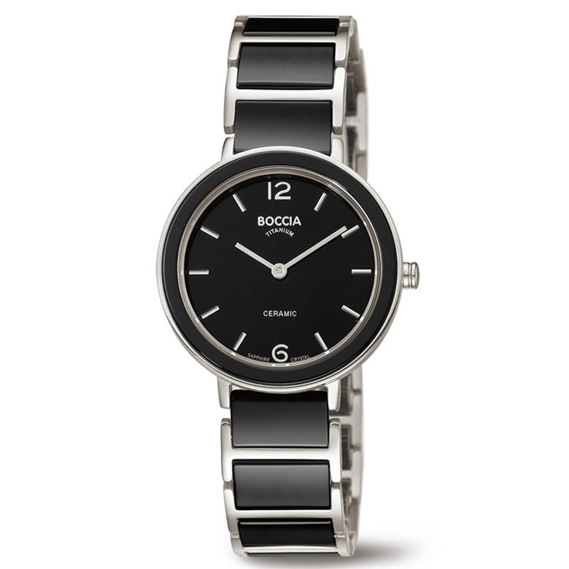 Boccia Titanium 3311-02
Dit dameshorloge van Boccia Titanium heeft een nette uitstraling. De zilverkleurige titanium horlogekast zorgt voor een stijlvolle look en de zwarte wijzerplaat maakt het horloge klassiek. Het horloge heeft een ronde kast met een diameter van 31mm, een saffierglas, en is 5ATM. Combineer dit prachtige exemplaar met de andere sieraden van Boccia Titanium voor een complete look. Aan de titanium kast zit een titanium schakelband met zwarte keramieke schakels ertussen. 

HET MERK
Boccia Titanium is het titanium merk van Nederland, dat zijn oorsprong in Duitsland vindt en is opgericht in het jaar 1992. Ontwikkeld door internationale ontwerpers. Alle titanium componenten van de BOCCIA TITANIUM collectie zijn gemaakt van 99,7% puur titanium; het bijzondere materiaal. Het is licht in gewicht, neemt de temperatuur van de huid aan en is zeer huidvriendelijk. Bovendien is het corrosie- en temperatuurbestendig.

SPECIFICATIES
- Saffierglas
- Ronde titanium horlogekast, &Oslash; 31mm
- Titanium keramieke schakelband
- Zwarte wijzerplaat
- 5ATM (Regen- & spatwaterdicht)