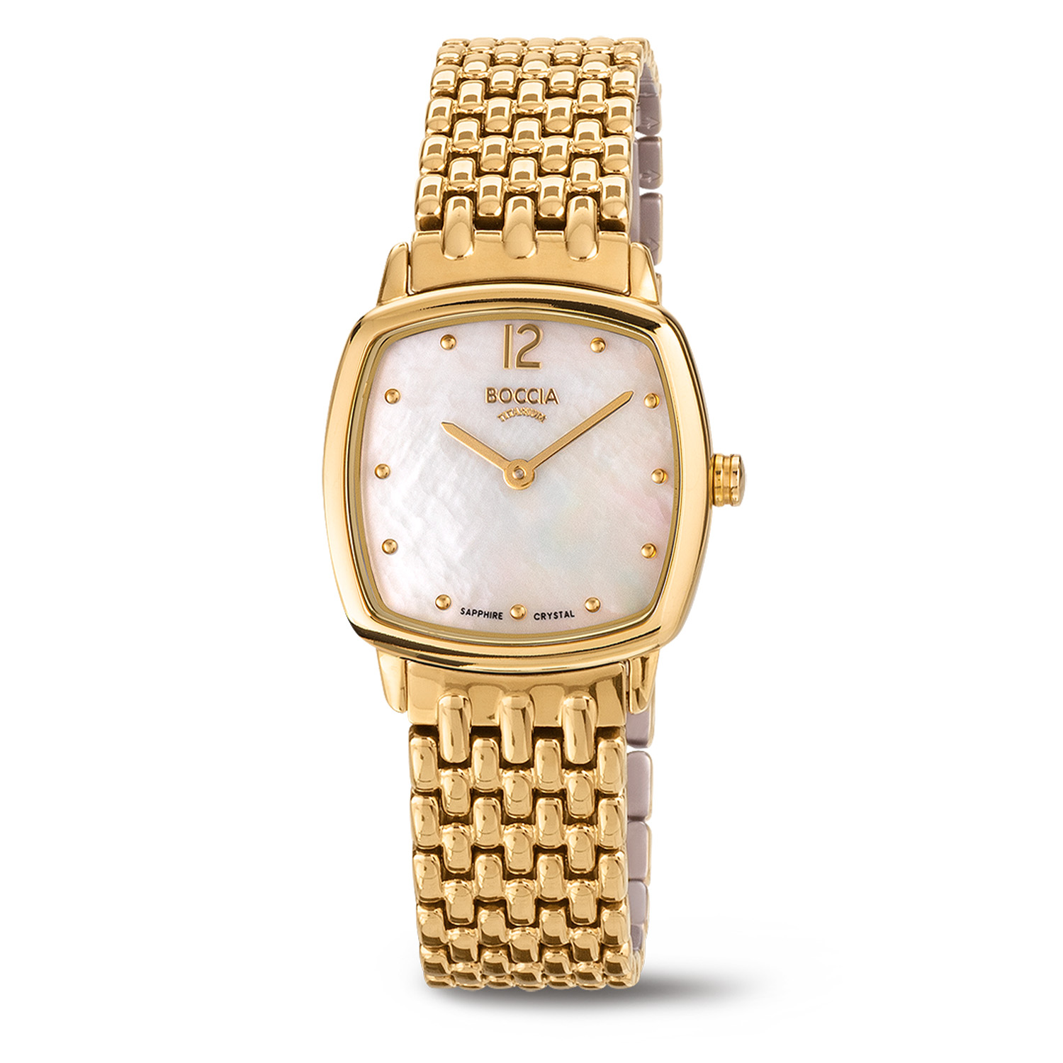 Die Uhr DAU-Q TI,GP,ZBL:PERLMUTT/GOLD IND,S-G, Modellnummer 3353-02, besticht durch ihr quadratisches Titangehäuse und goldfarbenes Design. Ausgestattet mit einem analogen Quarzwerk, Saphirglas und einem perlmuttfarbenen Zifferblatt. Sie ist wasserdicht bis Stufe 5, nickel- und allergiefrei. Ideal zum täglichen Tragen oder bei besonderen Anlässen.