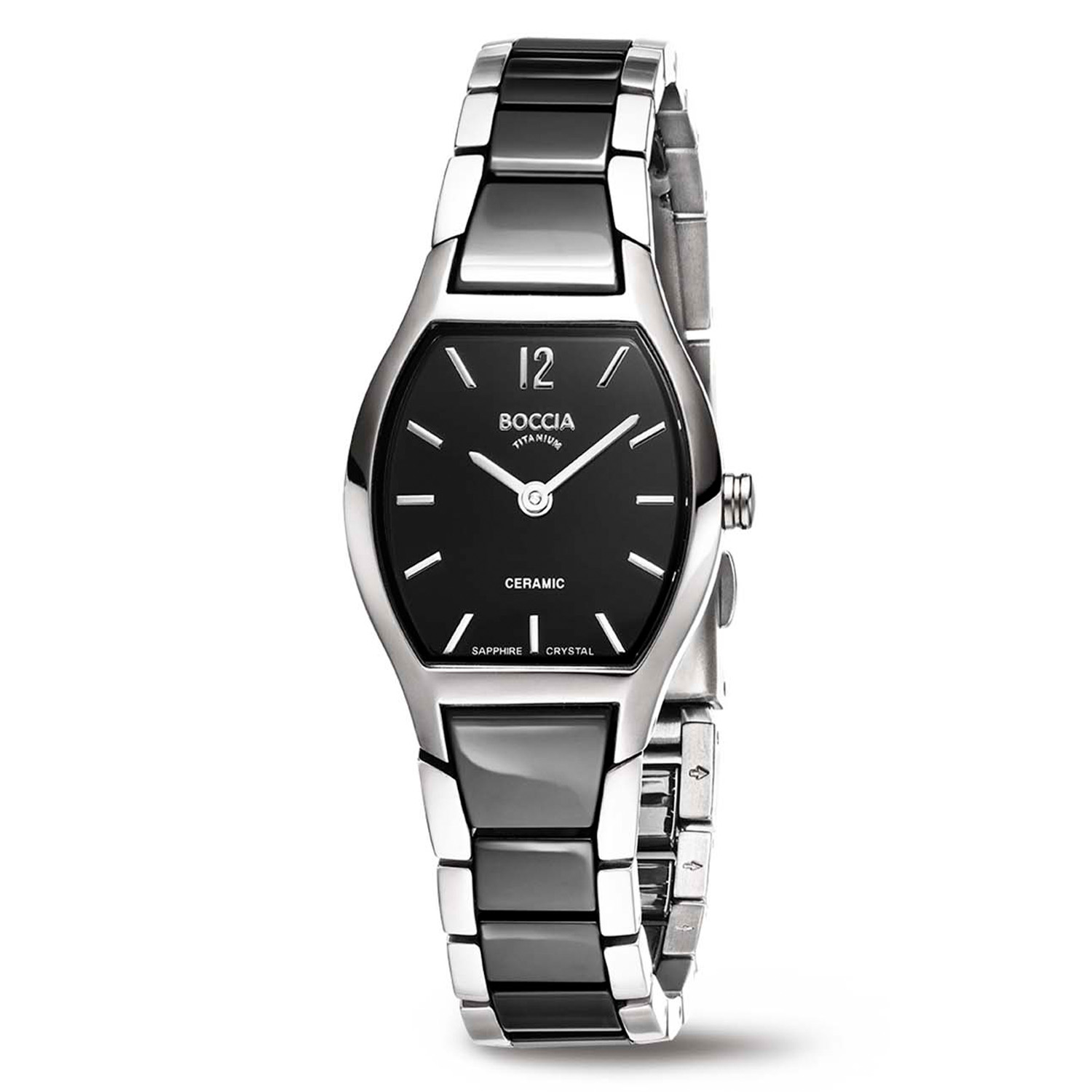 Boccia Titanium 3361-02 Dames 
Dit dameshorloge van Boccia heeft een klassieke uitstraling. De 3361-02 heeft een rechthoekige titanium horlogekast met een afmeting van 23 bij 25mm en een zwarte wijzerplaat. Aan de titanium kast zit een titanium schakelband met de middenschakel van zwart keramiek en een vouwsluiting. Het horloge heeft een saffierglas en is 5ATM. Of je nu klassie of chique gekleed gaat, dit horloge past bij elke outfit en iedere gelegenheid!

HET MERK
Boccia Titanium is het titanium merk van Nederland, dat zijn oorsprong in Duitsland vindt en is opgericht in het jaar 1992. Ontwikkeld door internationale ontwerpers. Alle titanium componenten van de BOCCIA TITANIUM collectie zijn gemaakt van 99,7% puur titanium; het bijzondere materiaal. Het is licht in gewicht, neemt de temperatuur van de huid aan en is zeer huidvriendelijk. Bovendien is het corrosie- en temperatuurbestendig.

SPECIFICATIES
- Saffierglas
- Rechthoekige titanium horlogekast van 23-25mm
- Titanium schakelband met zwart keramiek
- Zwarte wijzerplaat 
- 5ATM