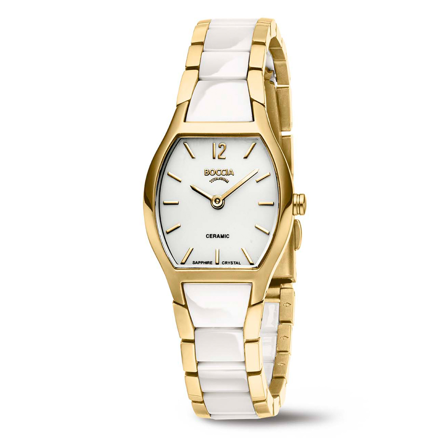 Boccia Titanium 3361-03 Dames 
Dit dameshorloge van Boccia heeft een klassieke uitstraling. De 3361-03 heeft een rechthoekige goudkleurige titanium horlogekast met een afmeting van 23 bij 25mm en een witte wijzerplaat. Aan de titanium kast zit een titanium goudkleurige schakelband met de middenschakel van wit keramiek en een vouwsluiting. Het horloge heeft eens saffierglas en is 5ATM. Of je nu klassie of chique gekleed gaat, dit horloge past bij elke outfit en iedere gelegenheid!

HET MERK
Boccia Titanium is het titanium merk van Nederland, dat zijn oorsprong in Duitsland vindt en is opgericht in het jaar 1992. Ontwikkeld door internationale ontwerpers. Alle titanium componenten van de BOCCIA TITANIUM collectie zijn gemaakt van 99,7% puur titanium; het bijzondere materiaal. Het is licht in gewicht, neemt de temperatuur van de huid aan en is zeer huidvriendelijk. Bovendien is het corrosie- en temperatuurbestendig.

SPECIFICATIES
- Saffierglas
- Rechthoekige titanium horlogekast van 23-25mm
- Titanium schakelband met wit keramiek
- Witte wijzerplaat 
- 5ATM