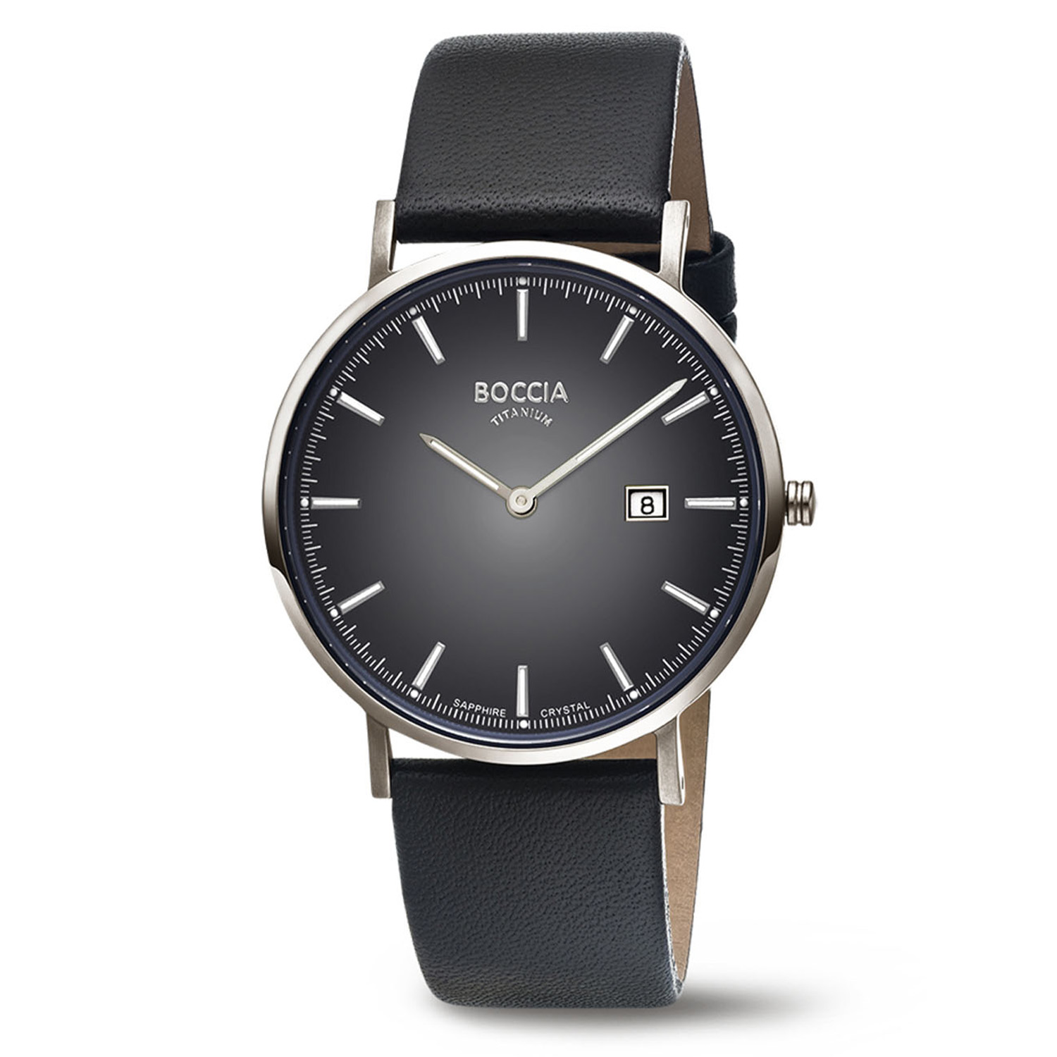 Diese Uhr, Modellnummer 3648-04, bietet ein Quarzwerk, ein silberfarbenes Titangehäuse mit Saphirglas und ein graues Zifferblatt. Sie hat ein analoges Display, ist wasserdicht (Stufe 3) und antiallergisch. Das schwarze Echtlederarmband ist in Standardbreite (20mm) und nickelfrei. Stilvoll im Alltag oder zu besonderen Anlässen tragbar, mit Datumsfunktion.
