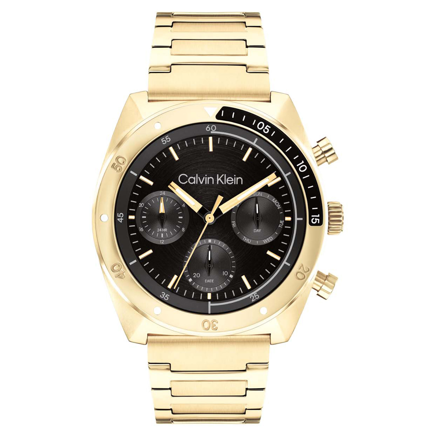 Calvin Klein CK25300465 Heren Staal Horloge 42mm
Dit Calvin Klein herenhorloge met nr CK25300465 is een stijlvol ontwerp. De goudkleurige ronde stalen kast heeft een bewerkte bezel en een geschuurde zwarte wijzerplaat met dag, datum en 24-uursaanduiding. De wijzers en strepen zijn ingelegd met lumibrite. Aan de kast zit een goudkleurige stalen mat glanzende schakelband met vouwsluiting. Het herenhorloge heeft een mineraalglas, een doorsnee van 42mm en is 5ATM.

OVER CALVIN KLEIN
Calvin Klein is een wereldwijd lifestylemerk dat gewaagde, vooruitstrevende idealen en een verleidelijke, vaak minimalistische, esthetiek nastreeft. Calvin Klein werd groot in de jaren 70 door haar mode- en merkjeans collecties. In de jaren 80 lanceerde Calvin Klein haar spraakmakende ondergoed dat uitdrukkelijk van logo &rsquo;s voorzien was. Vanwege het grote succes is het merk ook succesvol uitgerold in Accessoires, Parfums, Home, Brillen, Golf, Horloges en Sieraden.
Sinds de oprichting in 1968 door Calvin Klein, heeft het merk haar reputatie opgebouwd als leider in de Amerikaanse mode, dankzij een cleane esthetiek en innovatieve ontwerpen. Calvin Klein wil haar publiek verleiden en inspireren door middel van provocerende beelden en opvallende ontwerpen die prikkelen. 

SPECIFICATIES:
- Mineraalglas
- Goudkleurige stalen kast
- Zwarte wijzerplaat 
- Goudkleurige schakelband
- Ronde kastvorm, &Oslash; 42mm
- 5ATM