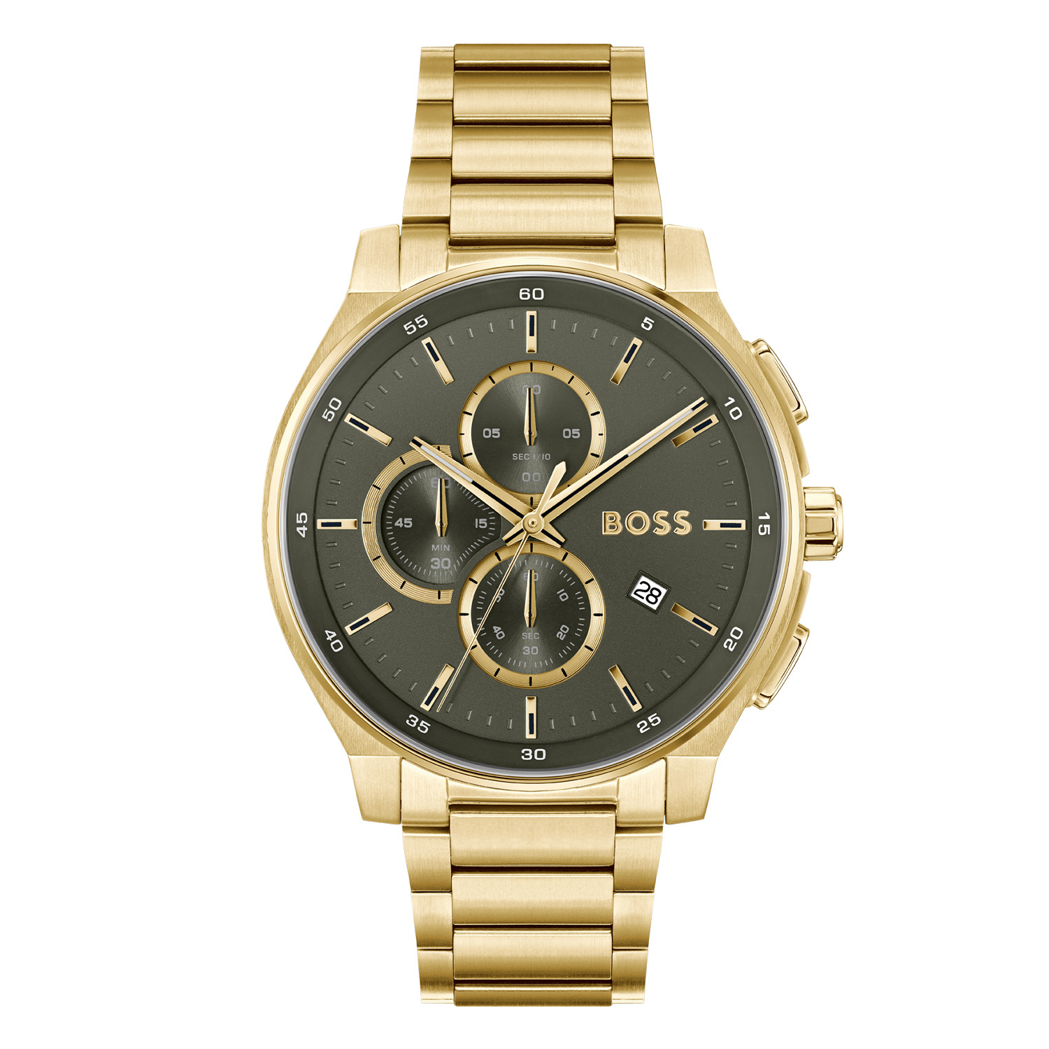 BOSS HB1514190 PEAK 2.0 Herenhorloge Chrono 44mm 
Dit BOSS horloge uit de PEAK 2.0 serie met artikelnr: HB1514190 heeft een luxe uitstraling. Zeer geschikt voor de moderne stijlvolle man van nu. Het herenhorloge valt op door zijn goudkleurige stalen horlogekast met een gladde bezel en een olijfgroene sunray wijzerplaat met een chronograaf en datum. Opvallend zijn de wijzers die met lumibrite zijn ingelegd. Aan de kast zit een mat glanzende goudkleurige stalen schakelband met vouwsluiting. Het horloge heeft een doorsnee van 44mm met een mineraalglas en is 5ATM. 

HET MERK:
HUGO BOSS is afgestemd op levensstijlen waar het gaat om kwaliteit en precisie. Het wereldwijde fashionlabel is verdeeld in twee merken: BOSS en HUGO. Het merk BOSS biedt geavanceerde, moderne horloges gericht op kwaliteit en design om een onberispelijke look te creëren – of het nu zakelijk, casual of sportief is. De horloge collectie van BOSS is perfect afgestemd op levensstijlen waar het gaat om kwaliteit en precisie. BOSS is op maat gemaakt in een onberispelijke stijl.

Blijf stijlvol bij de tijd. Voor de BOSS-vrouw is stijl het handelsmerk en draait alles om
details. Breng uw look naar een hoger niveau met onze nieuwe en kenmerkende horlogecollectie.

SPECIFICATIES:
- Mineraalglas
- Ronde kastvorm, Ø 44mm
- Stalen horlogekast
- Groene wijzerplaat
- Stalen schakelband
- Chronograaf
- 5ATM